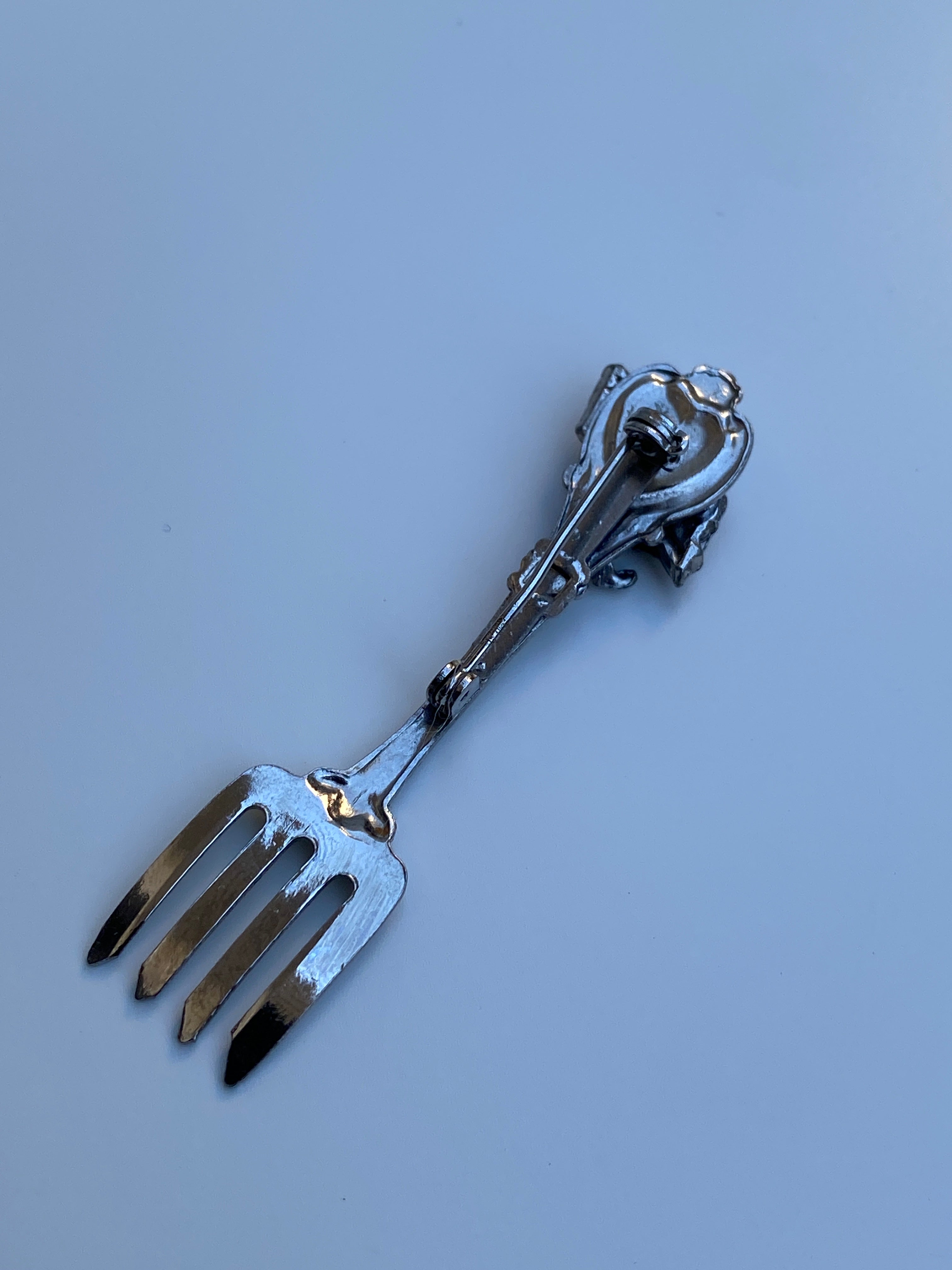 Vintage Silver Tone Fork Brooch Figural Cutlery Lapel Pin