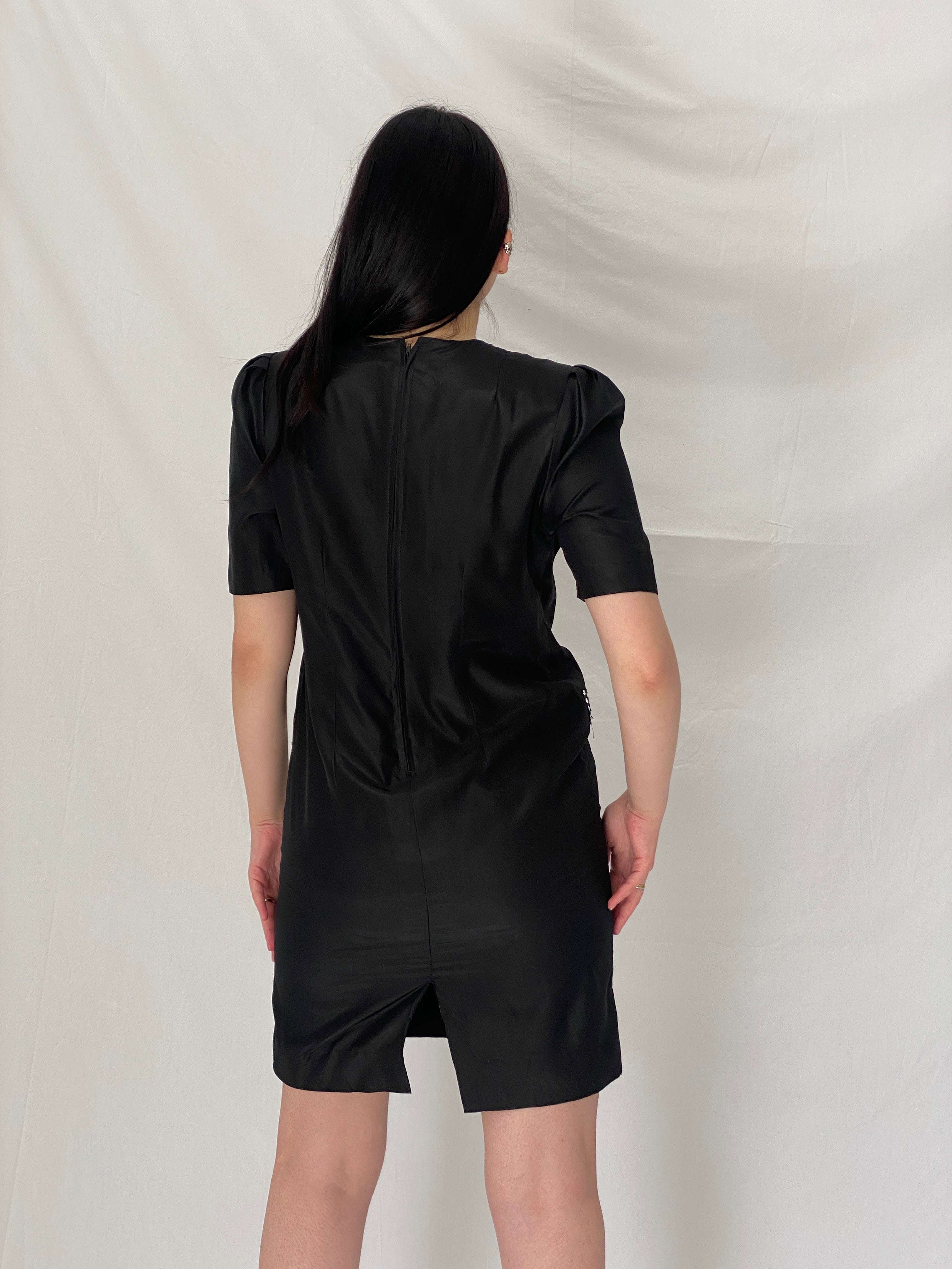 Vintage 90s Black Minimalist Shift Dress with Polka Dot Trim Detail - S
