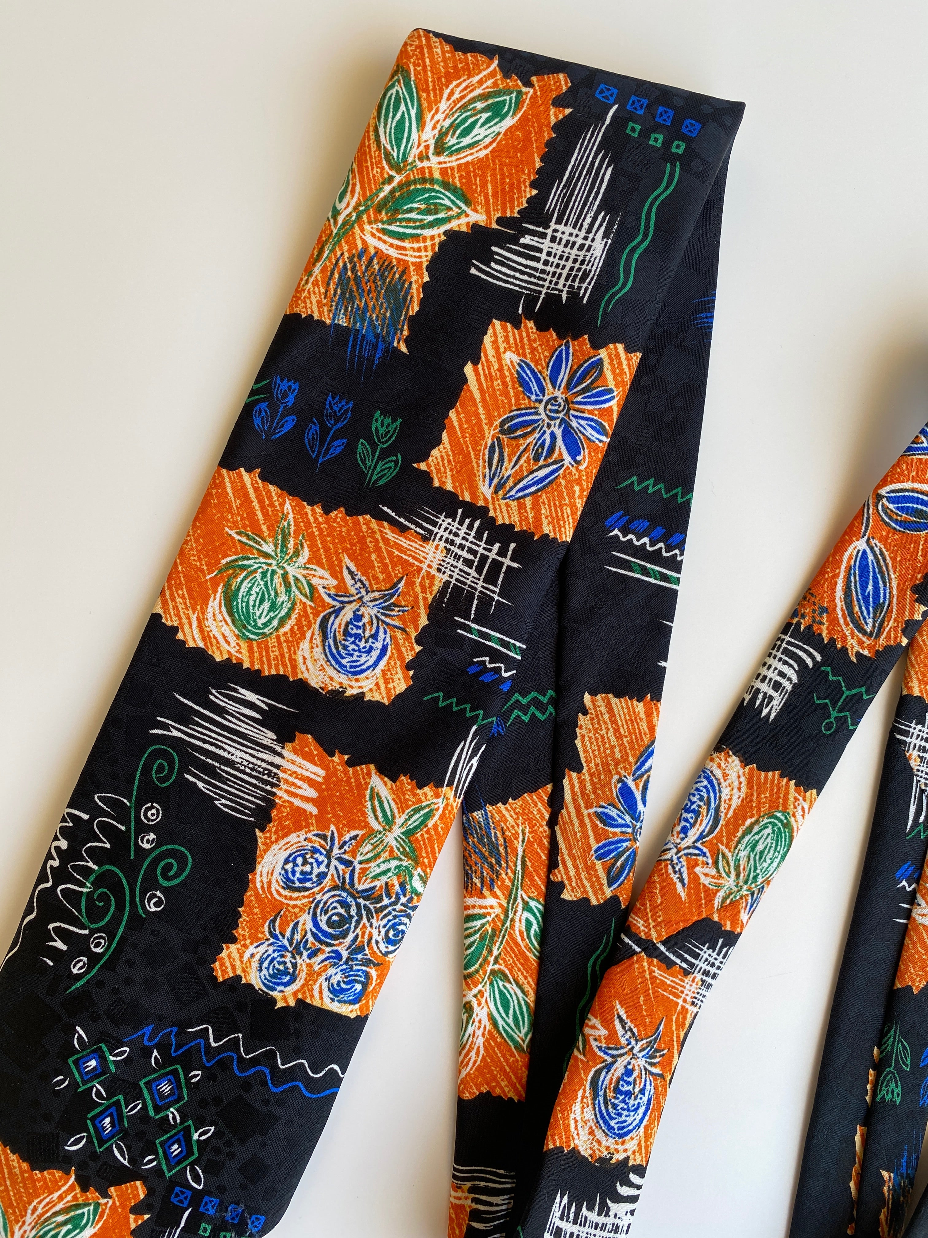 Vintage 90s T Fashion Black Orange Floral Abstract Wide Necktie