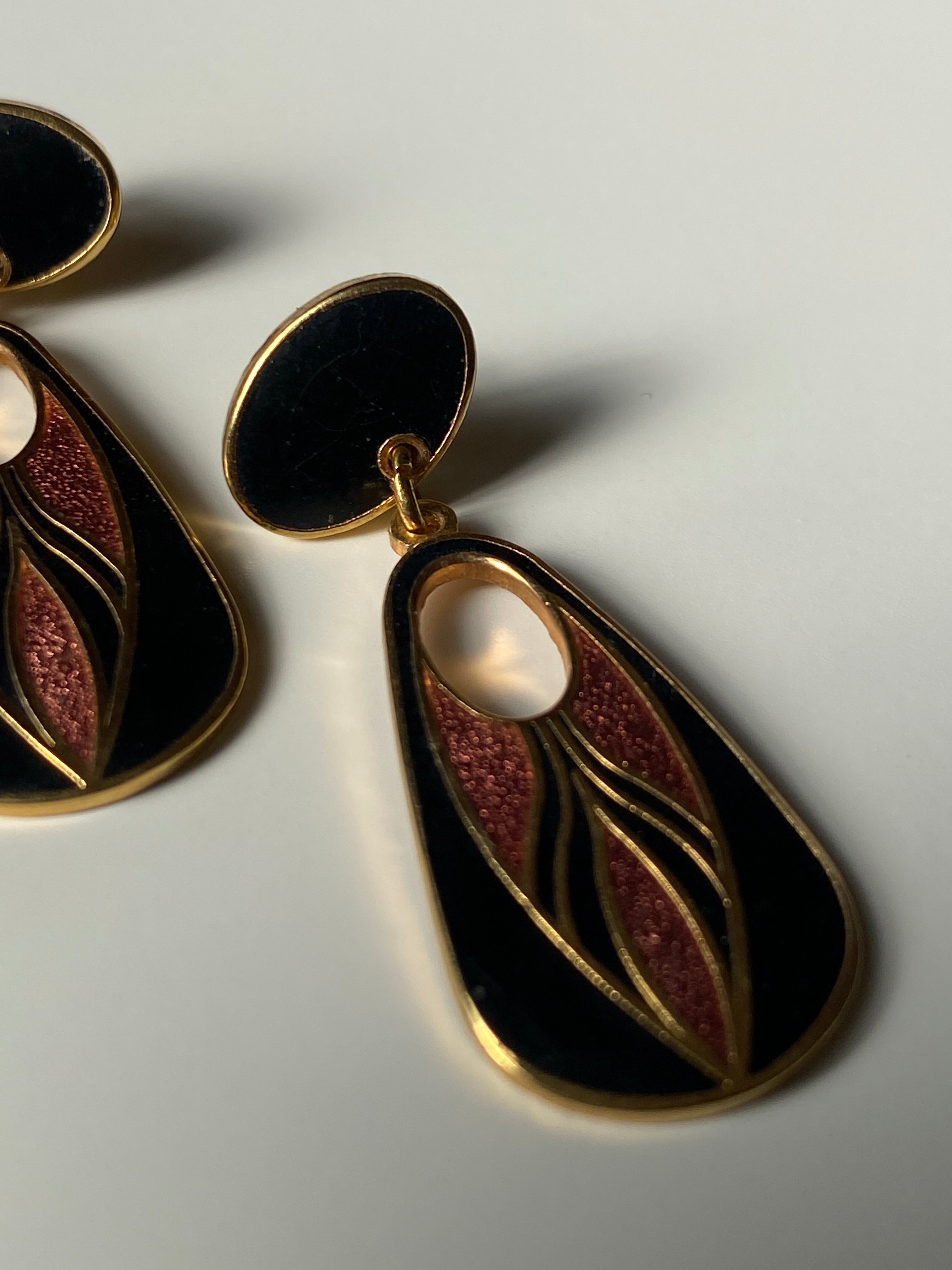 Vintage Isle of Skye Art Deco Enamel Drop Earrings - Gold Tone Celtic Design