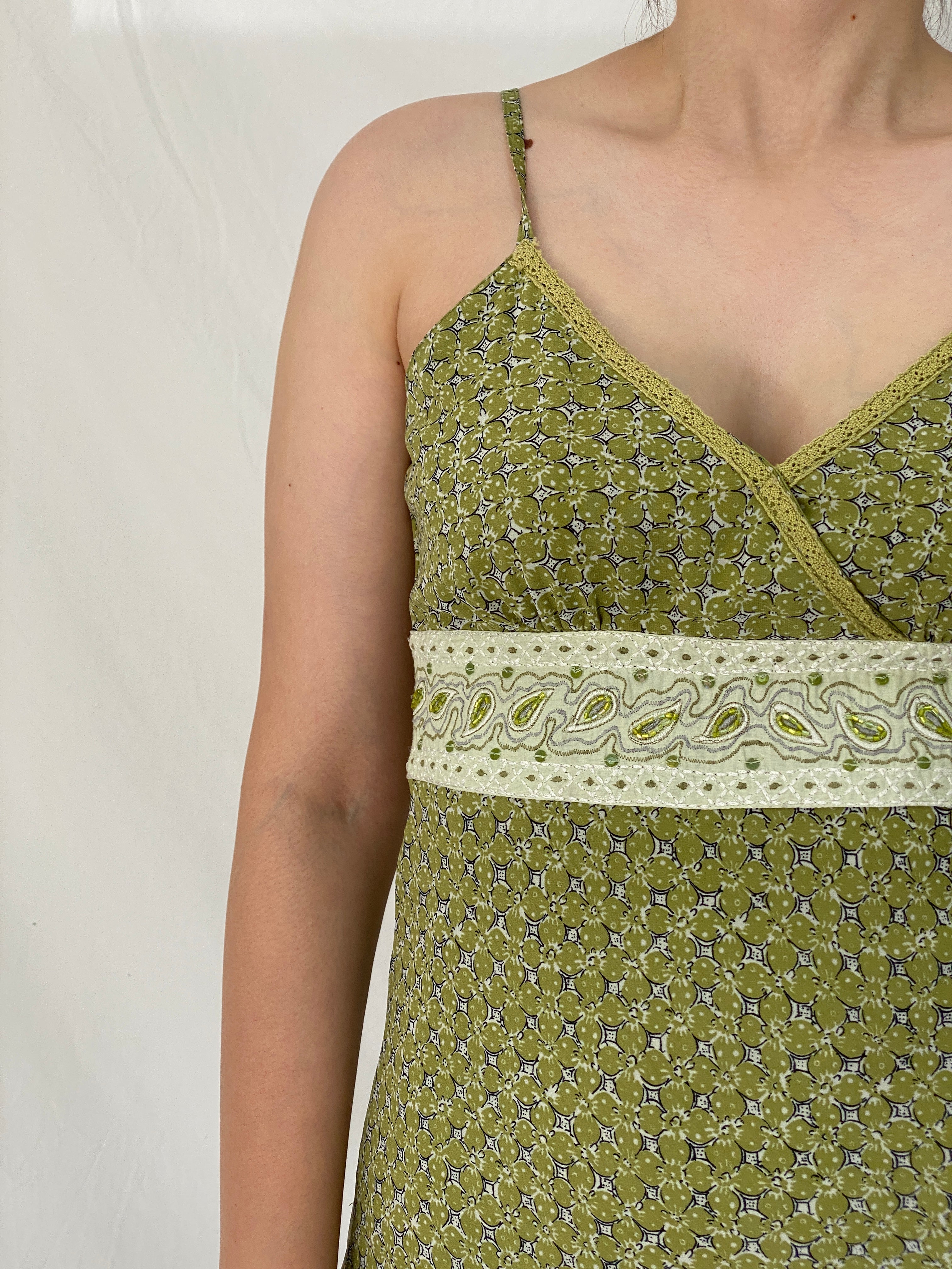 Y2K Vero Moda Olive Green Paisley Floral Beaded Midi Dress – M