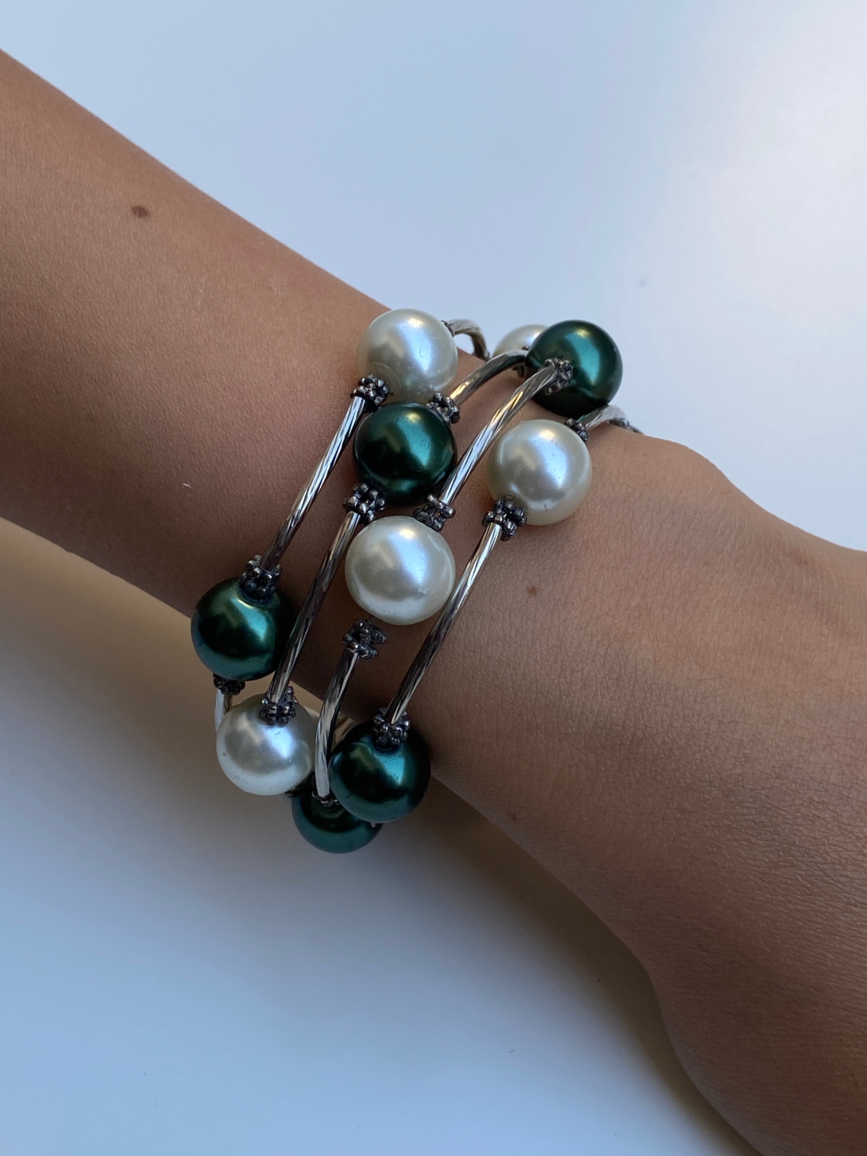 Vintage Silver-Tone Green & Ivory Faux Pearl Wire Wrap Multi-Strand Bracelet