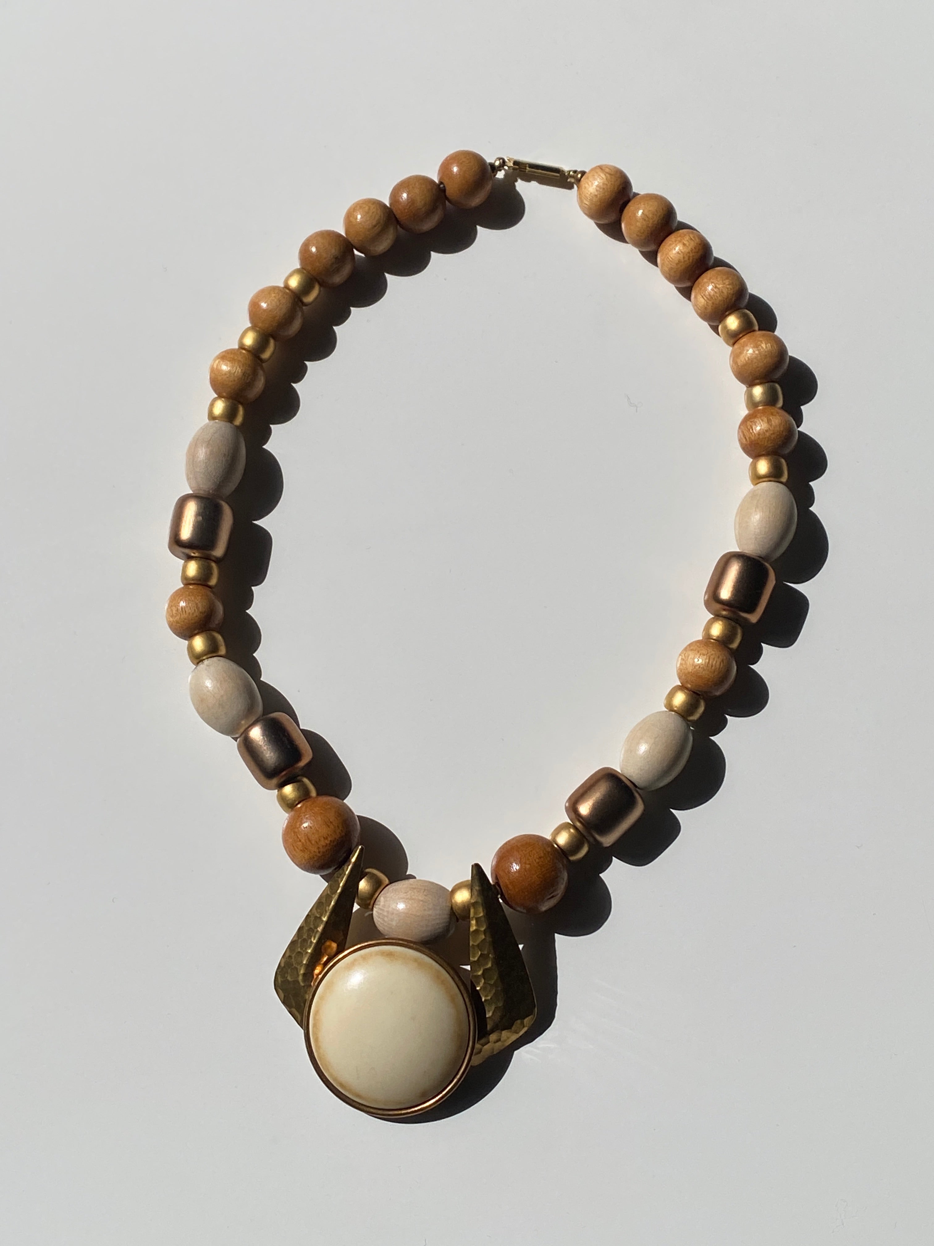 Vintage 90s Wood Bead Statement Necklace – Neutral Tones Gold Accents Pendant Necklace
