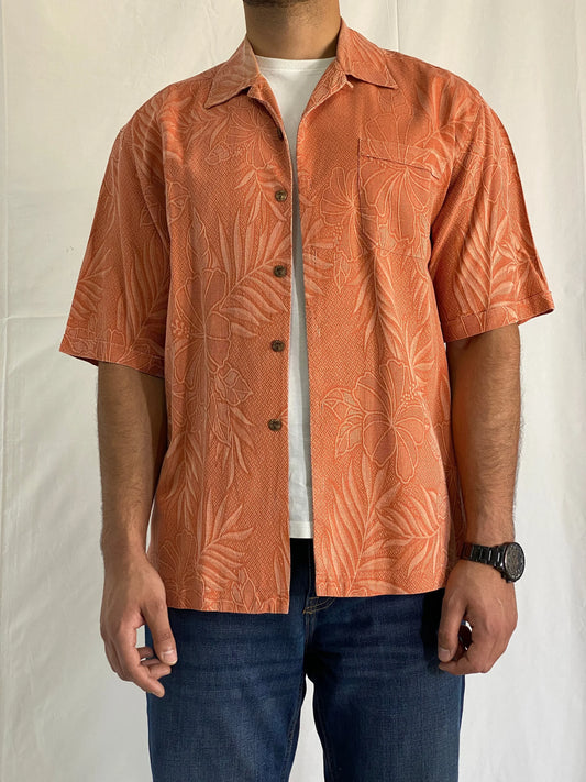 Jamaica Jaxx Silk Orange Hawaiian Camp Tropical Floral Print Men’s Short Sleeve Shirt - M