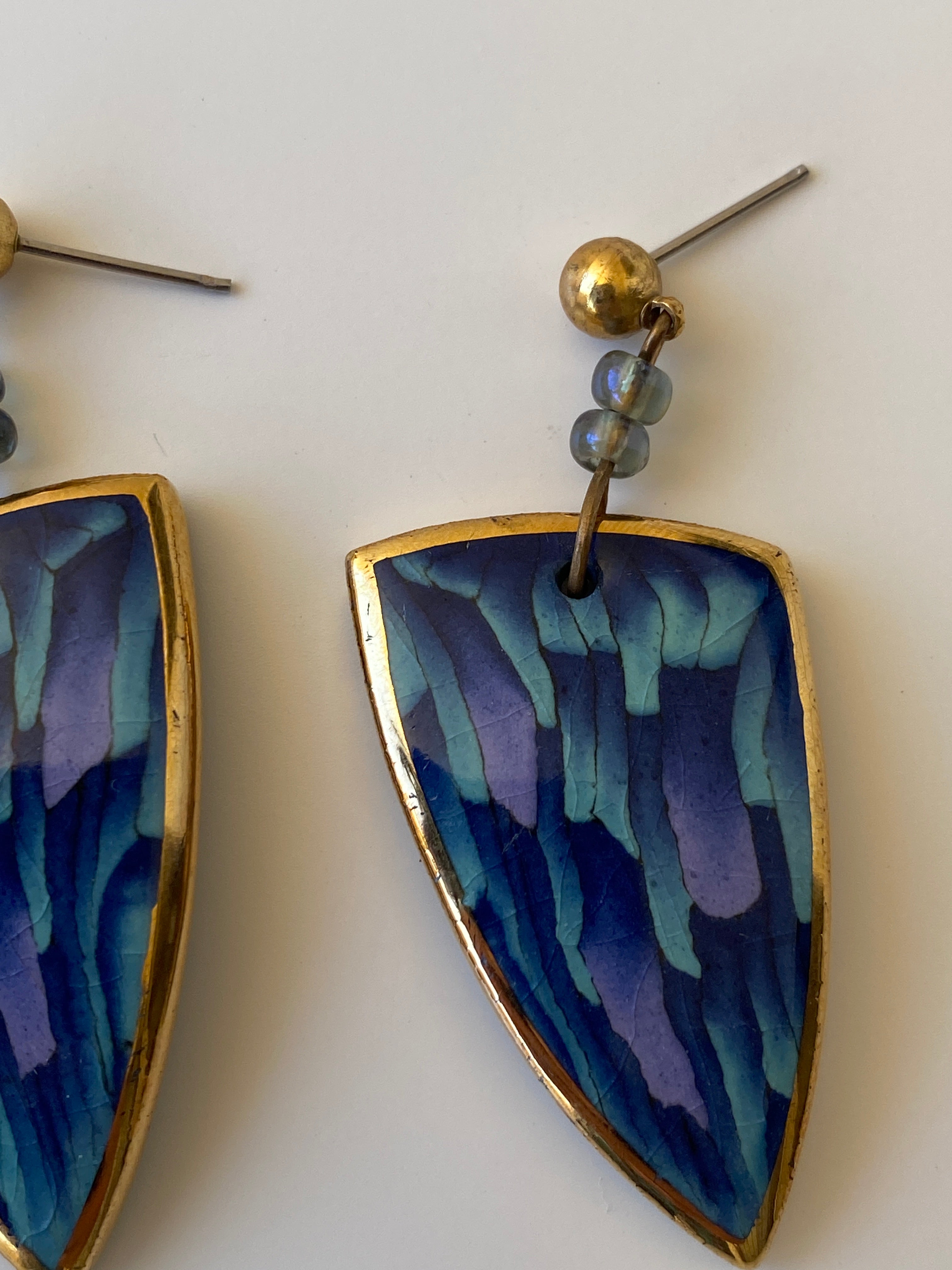 Vintage Abstract Enamel Drop Earrings Blue Geometric Shield Dangle Earrings