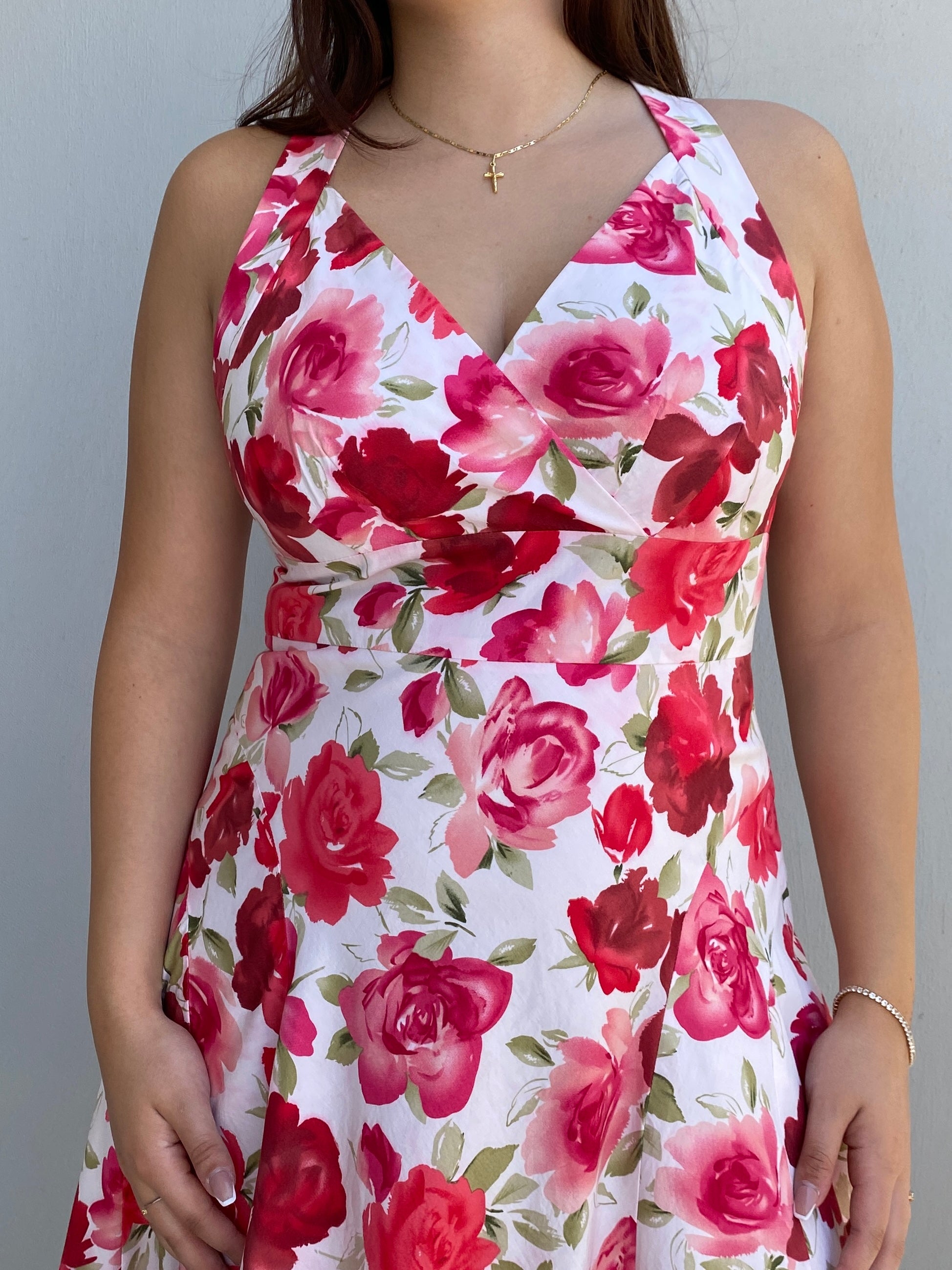 Vintage Talbots Petites White & Pink Cotton Rose Floral Halter Midi Dress – M