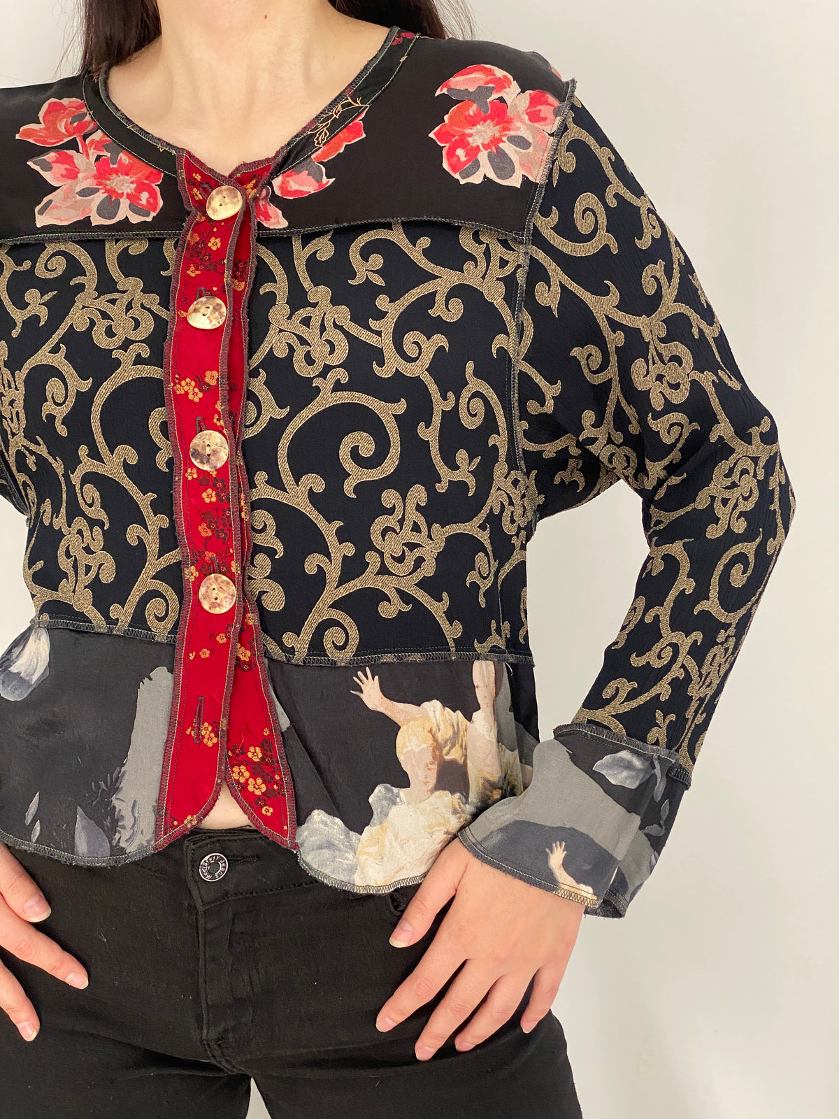 Vintage Nothing Matches Black Mixed Print Patchwork Cardigan – M