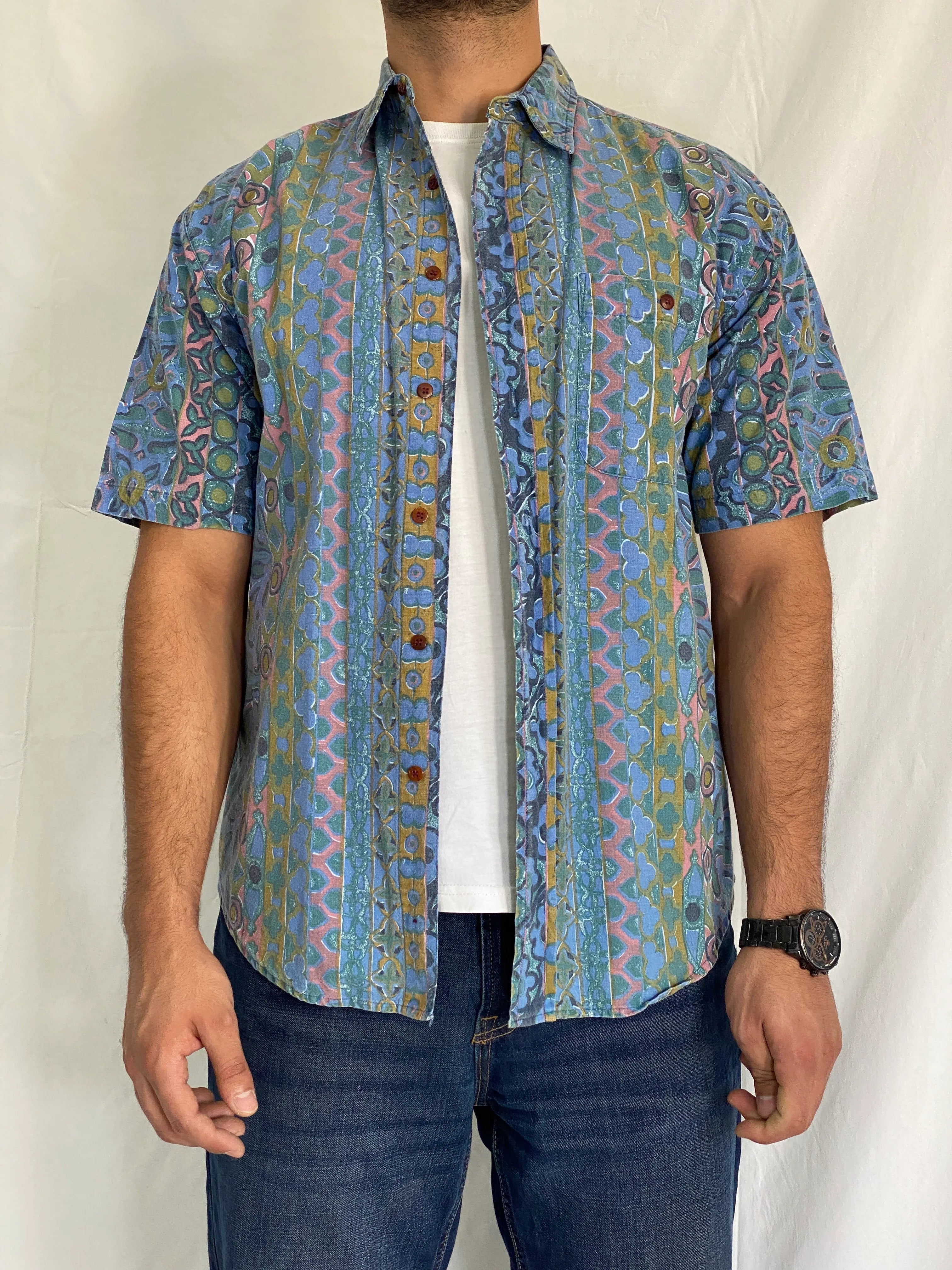 Vintage BADGE Short Sleeve Cotton Blue Geometric Print Shirt - M