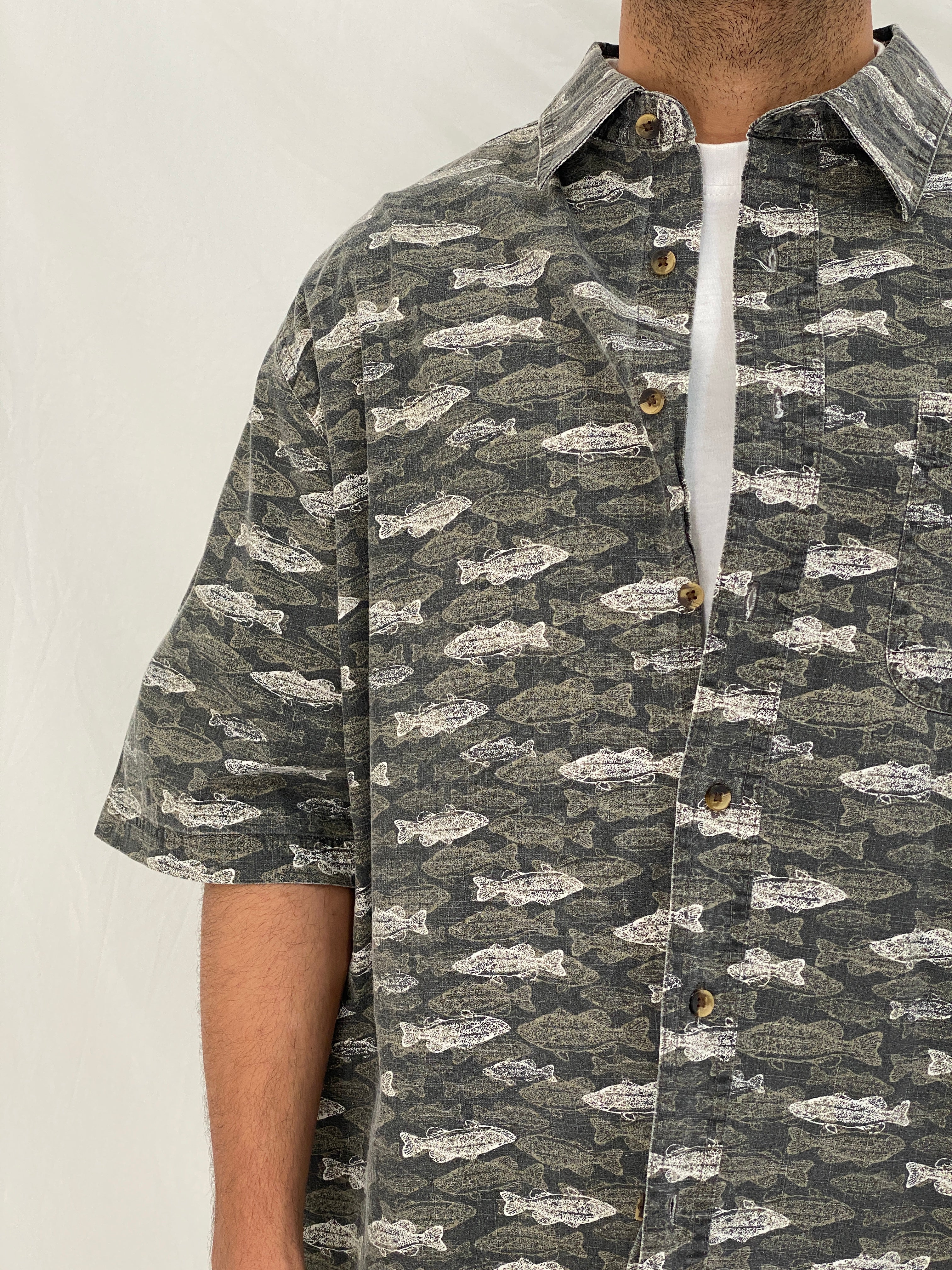 Vintage Puritan Fish Print Gray Cotton Button Up Shirt Oversized Coastal Shirt - XL