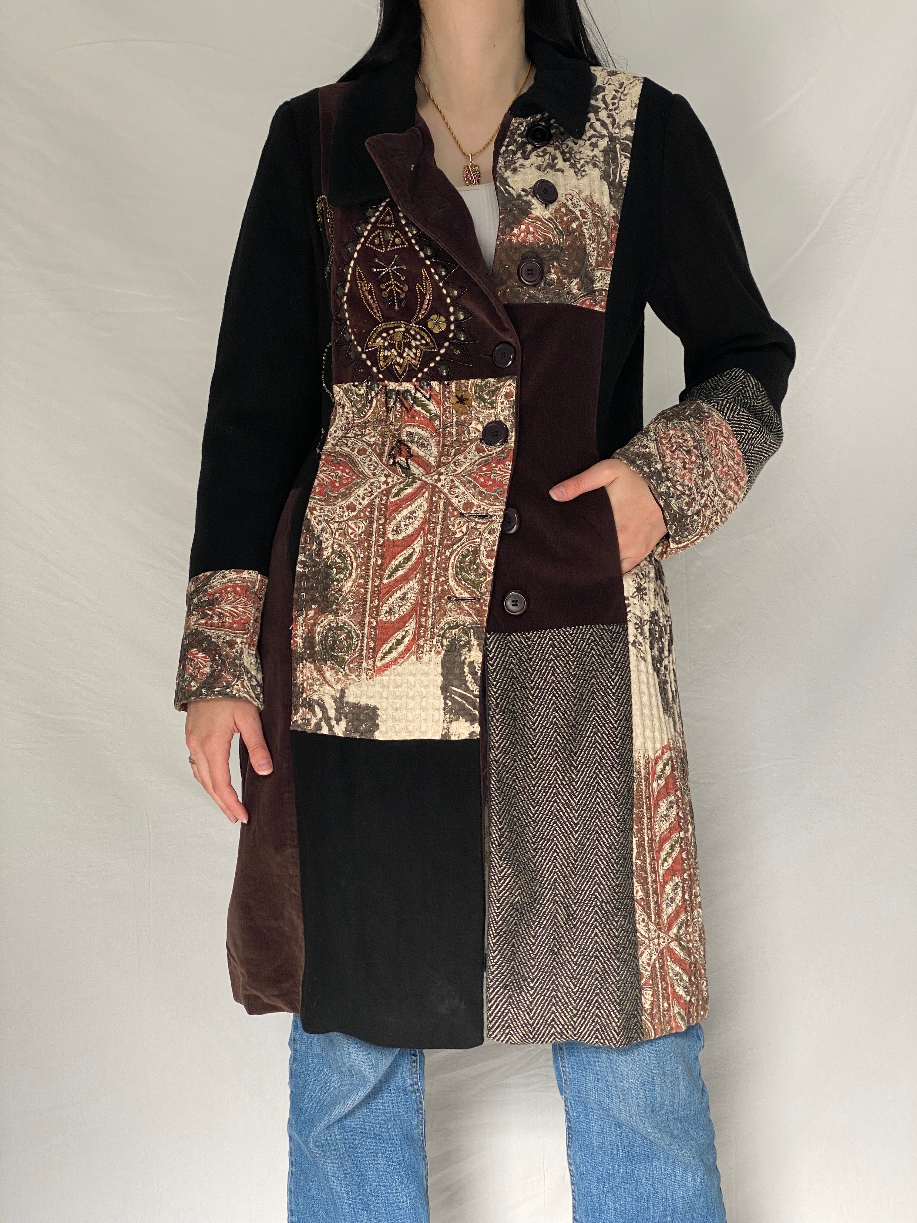 Vintage Derhy Patchwork Coat Bohemian Embroidered Artistic Long Coat 90s 00s Statement Jacket - M
