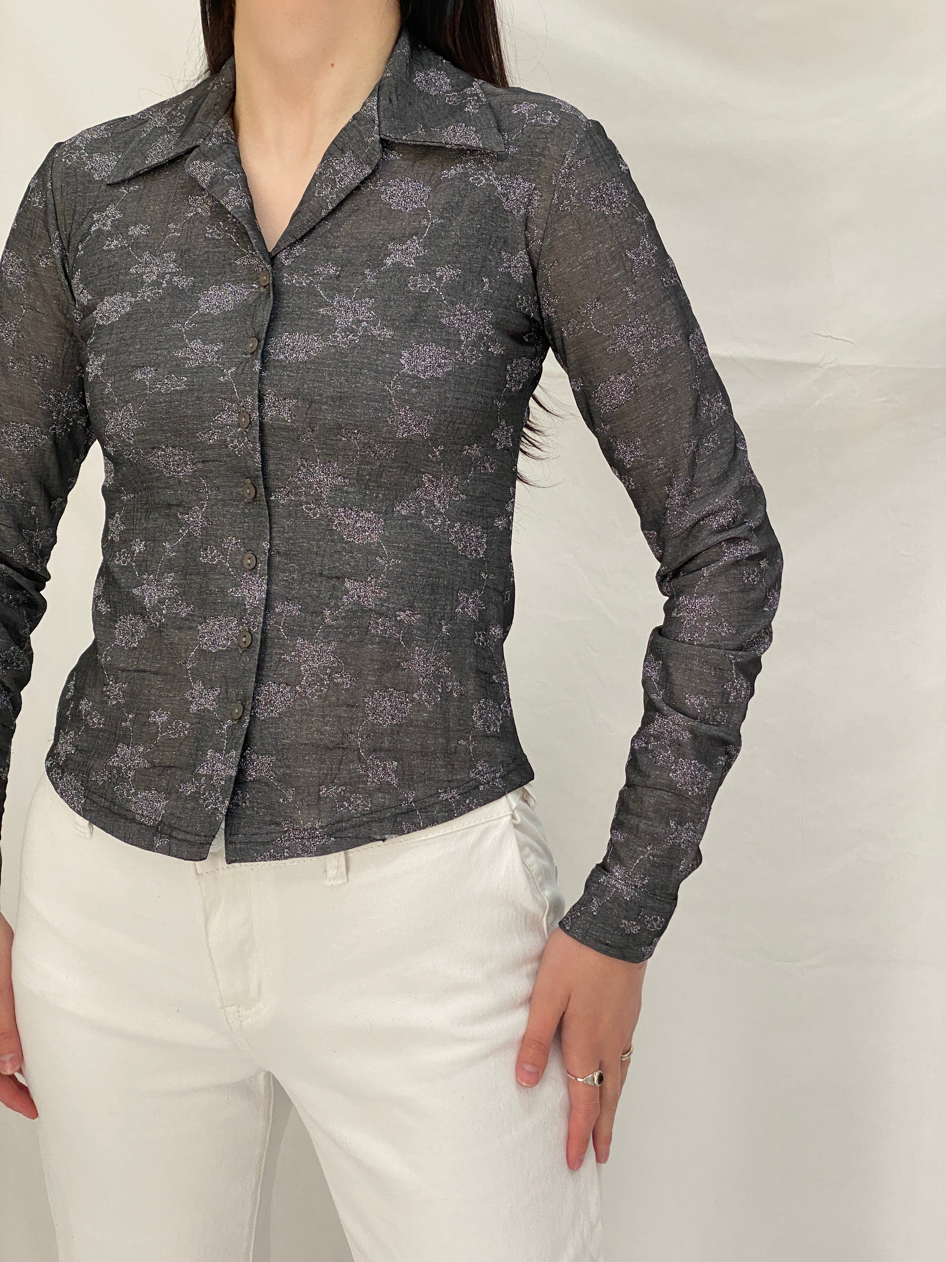 Vintage 90s BSB Club Gray Silver Floral Embroidered Fitted Shirt - S