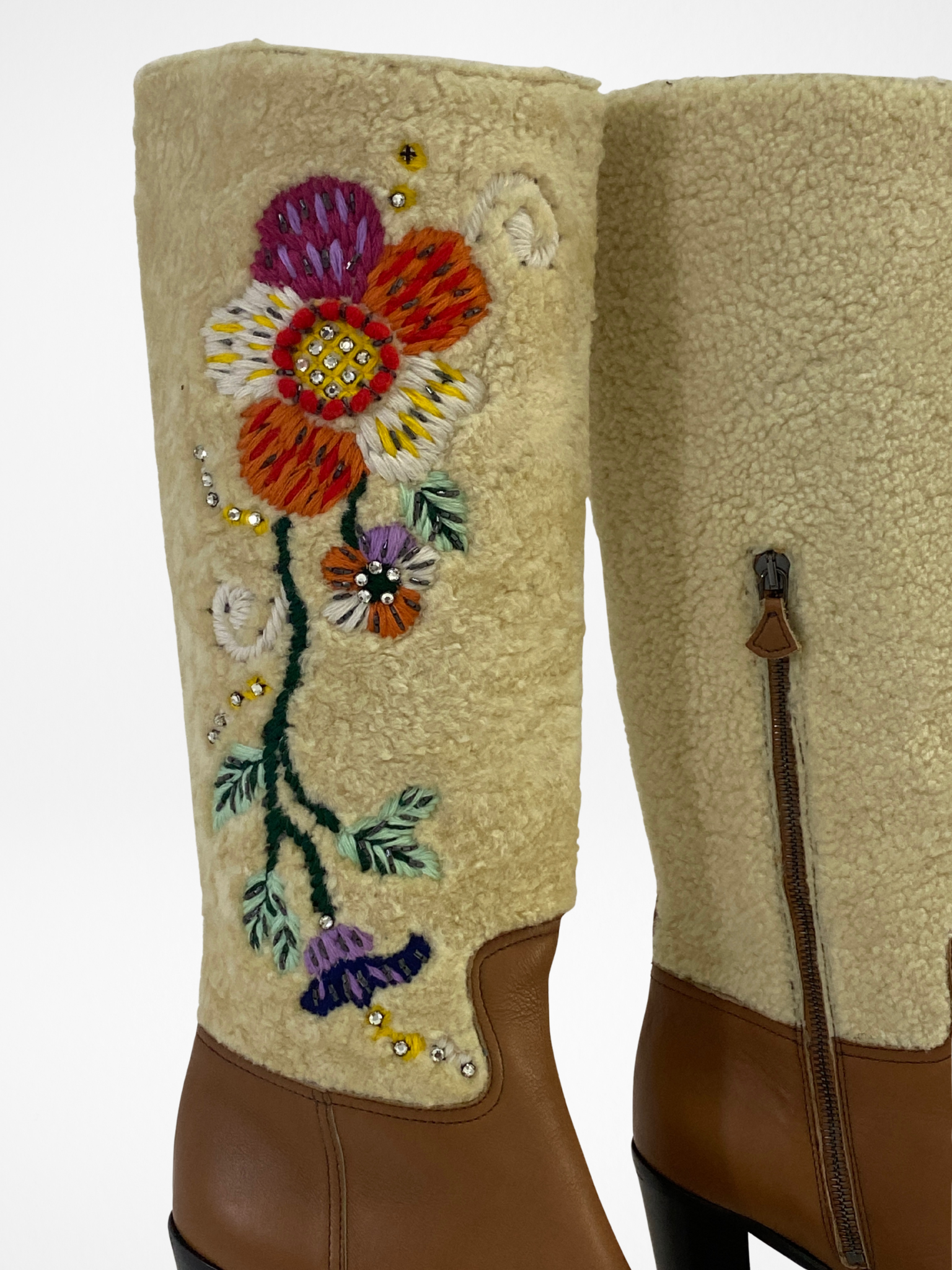 Vintage Miu Miu Brown Leather & Shearling Embroidered Knee-High Boots Block Heel - EU 38.5