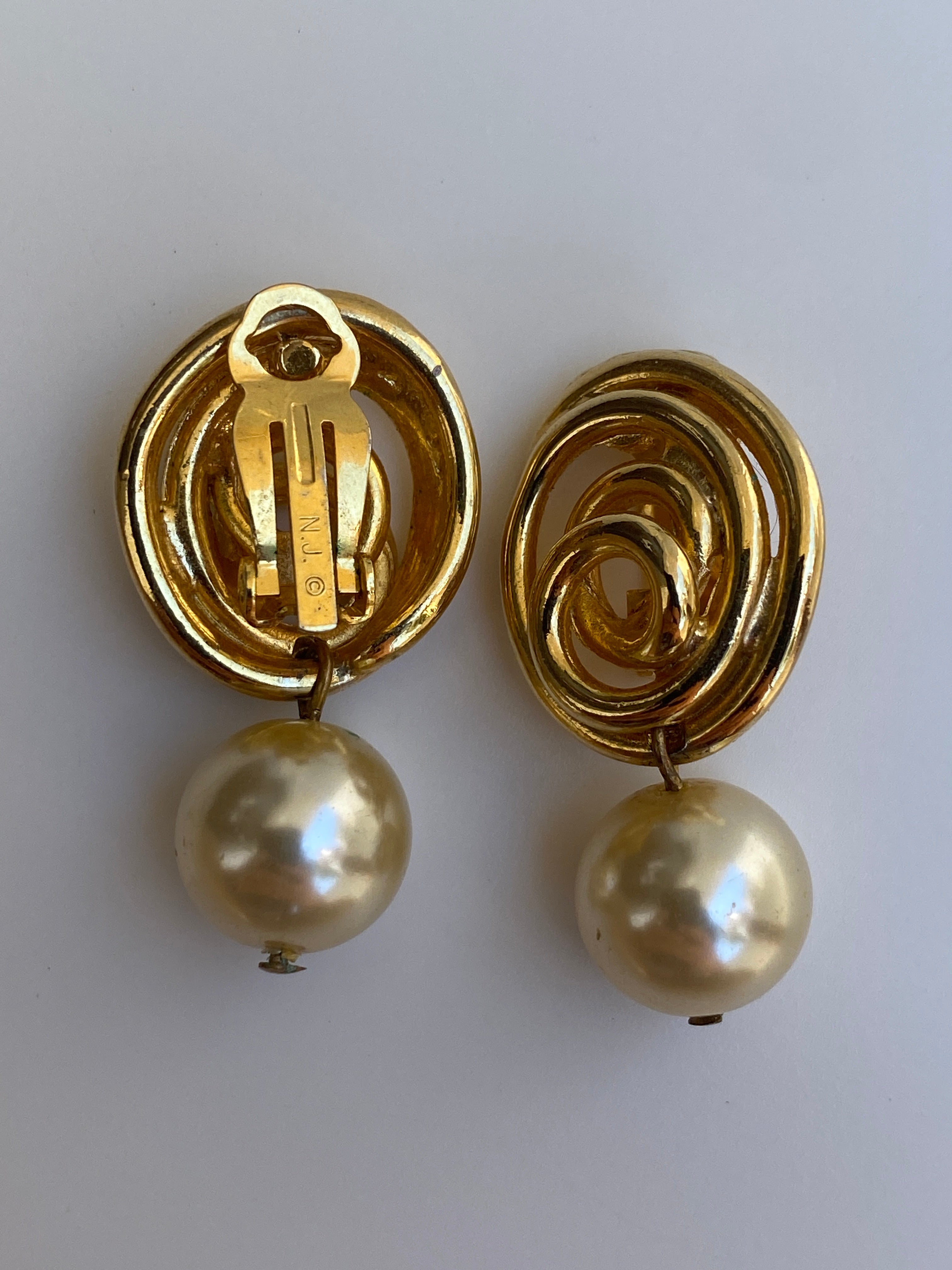 Vintage N.J. Norma Jean Gold-Tone Faux Pearl Clip-On Drop Earrings