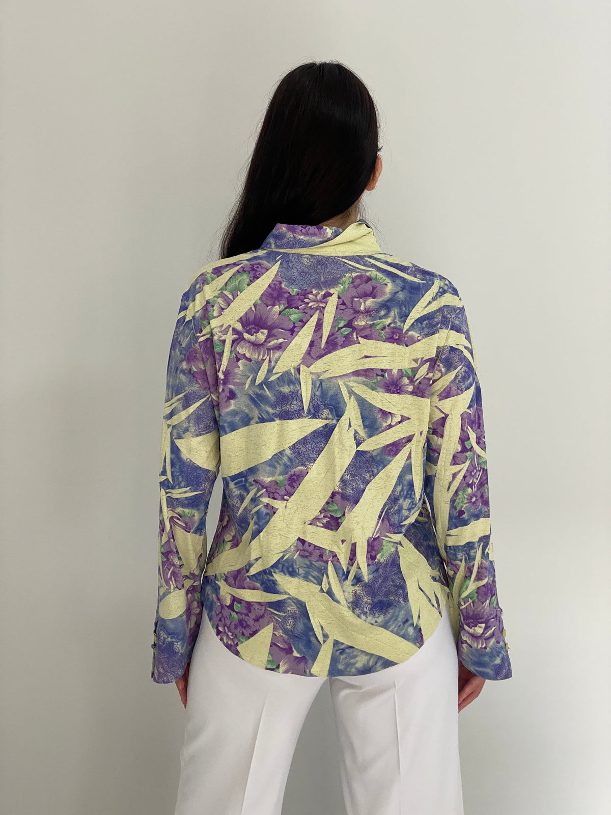 Vintage Hong Mei Purple Blue Floral Botanical Print Shirt – M