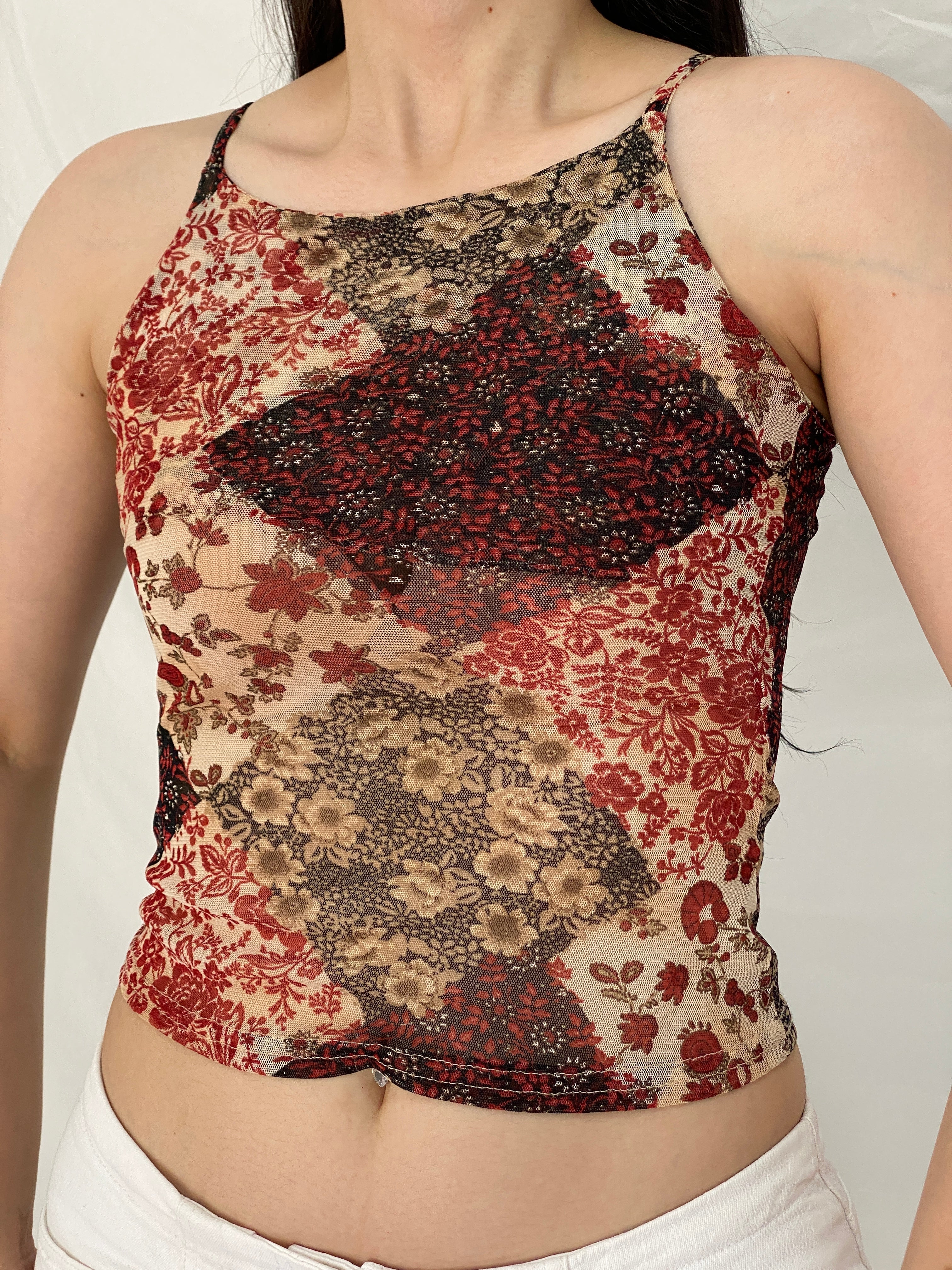 Vintage Y2K Three Brothers Red Floral Mesh Print Cami Top Sheer Stretch Tank - S
