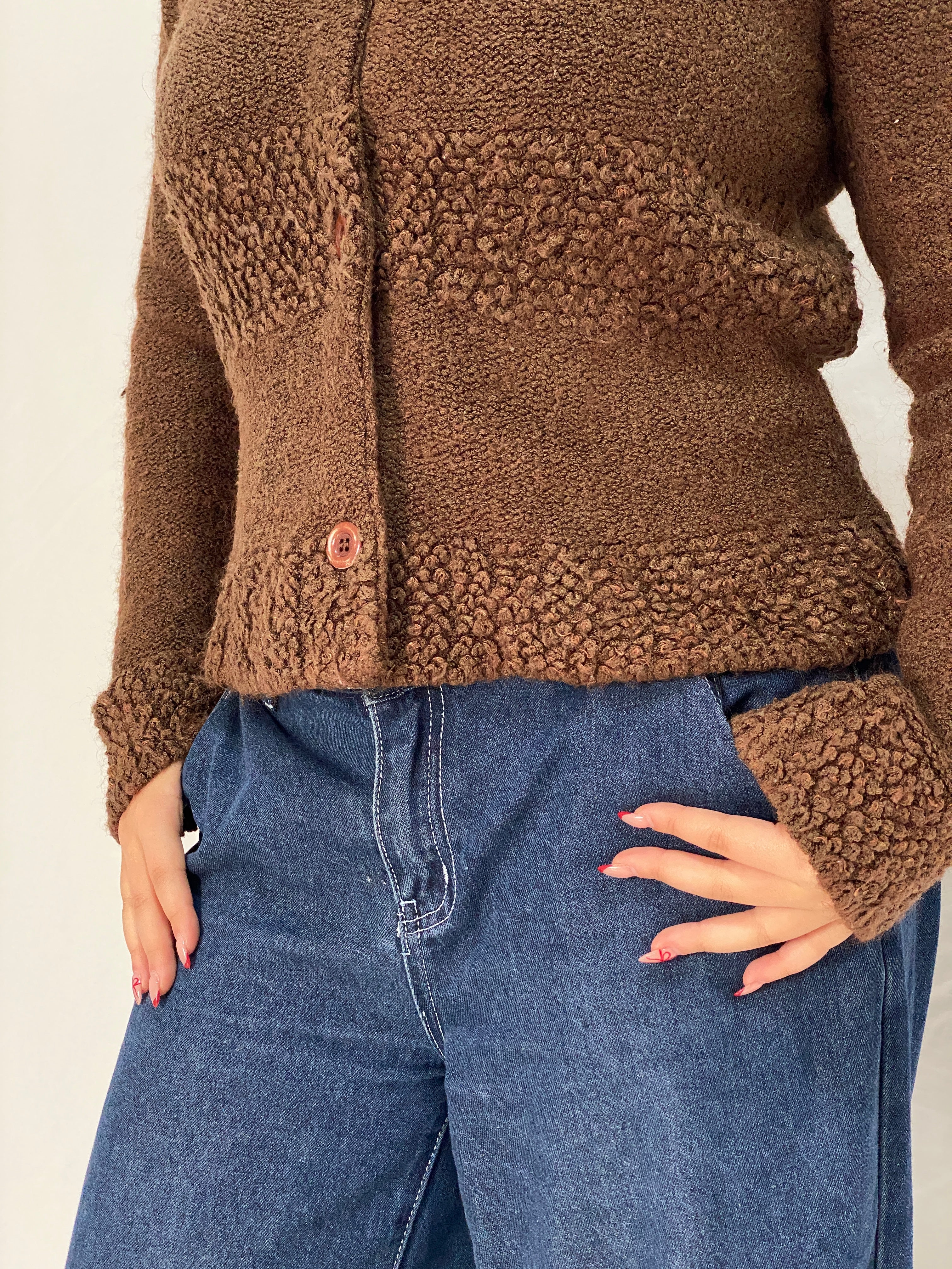 Vintage Brown Teddy Knit Jacket FD Feider Button-Up Cozy Cardigan - M