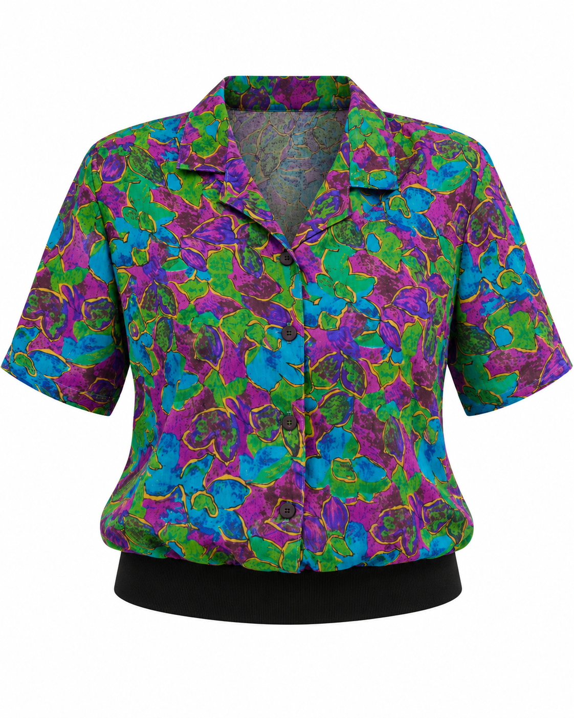 Vintage 80s Gianna Jewel Tone Floral Print Short Sleeve Blouse - M