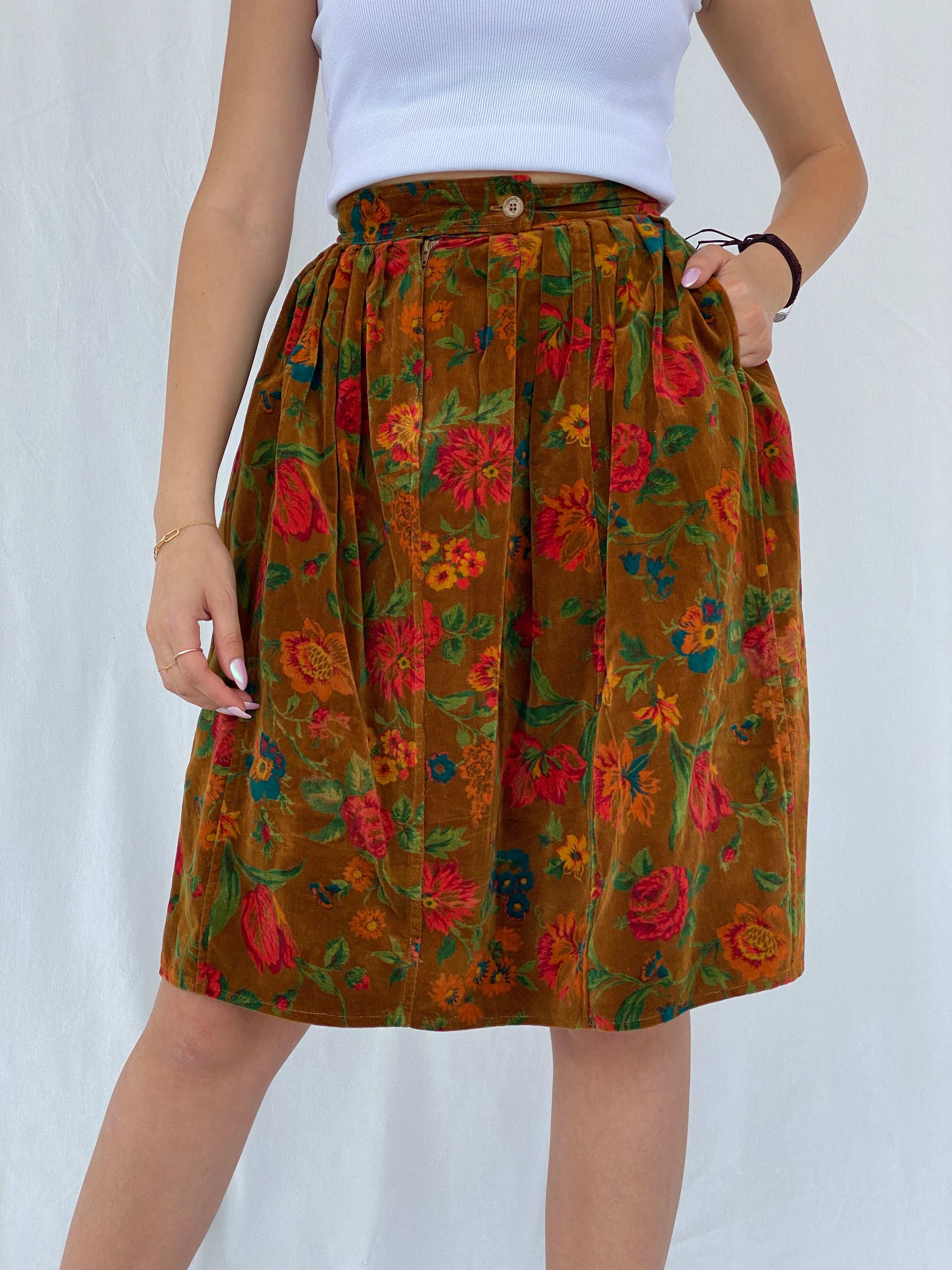 Rare Vintage 80s Kenzo Paris Midi Floral Corduroy Skirt