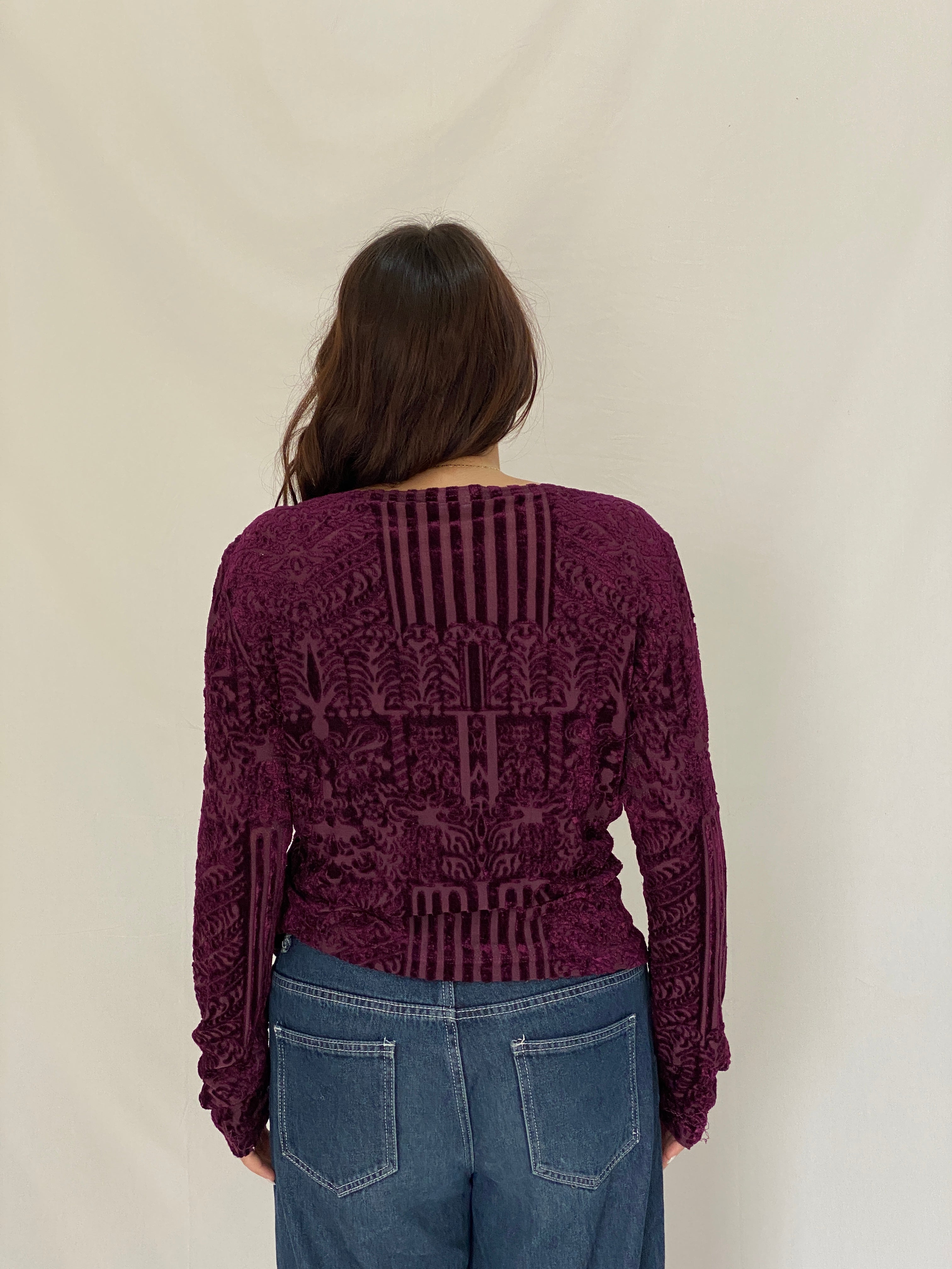 Vintage Wallis Purple Burnout Velvet Sheer Long Sleeve Top - XL