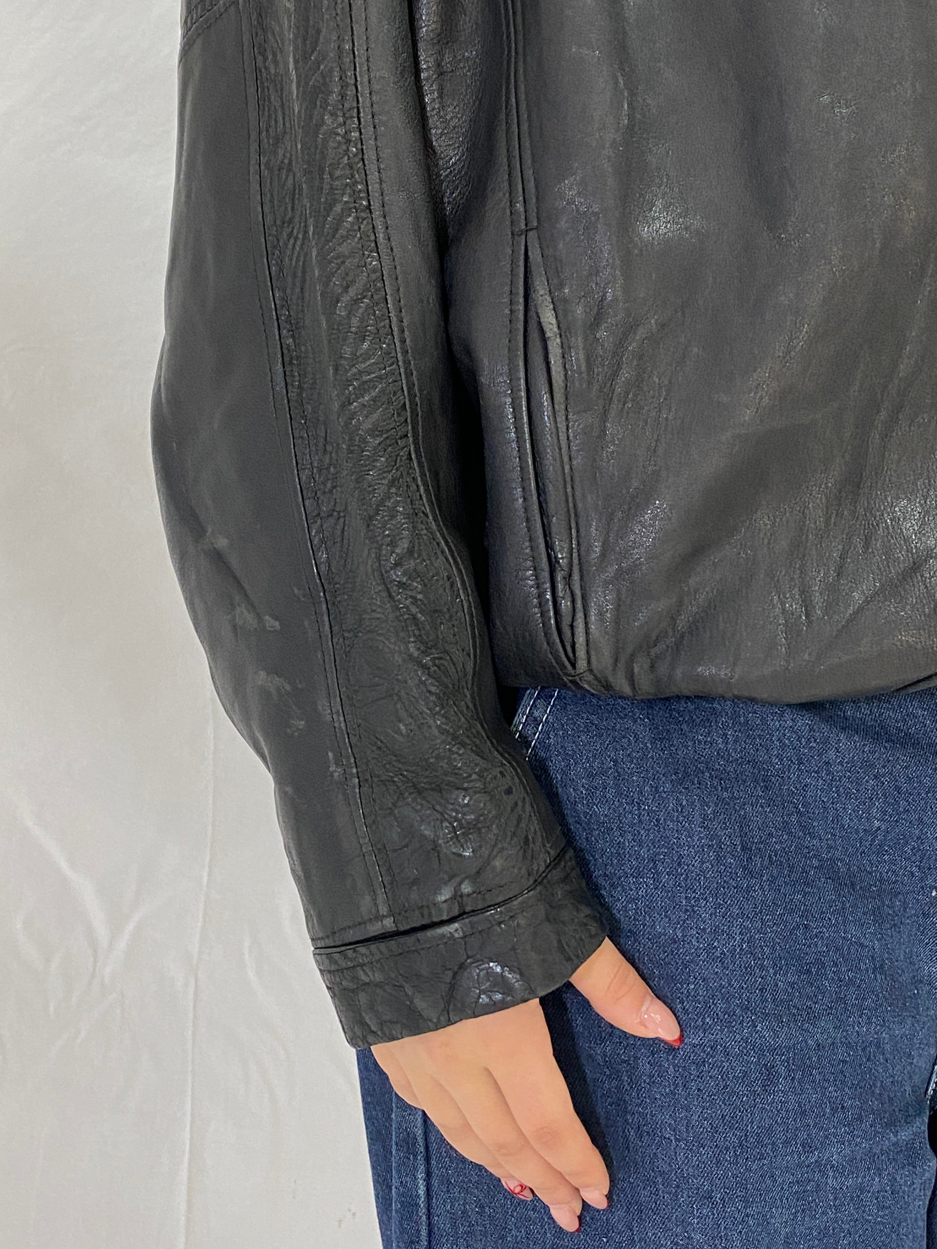 Vintage CAMPOY Black Genuine Leather Jacket Oversized Relaxed Fit Leather Coat - M
