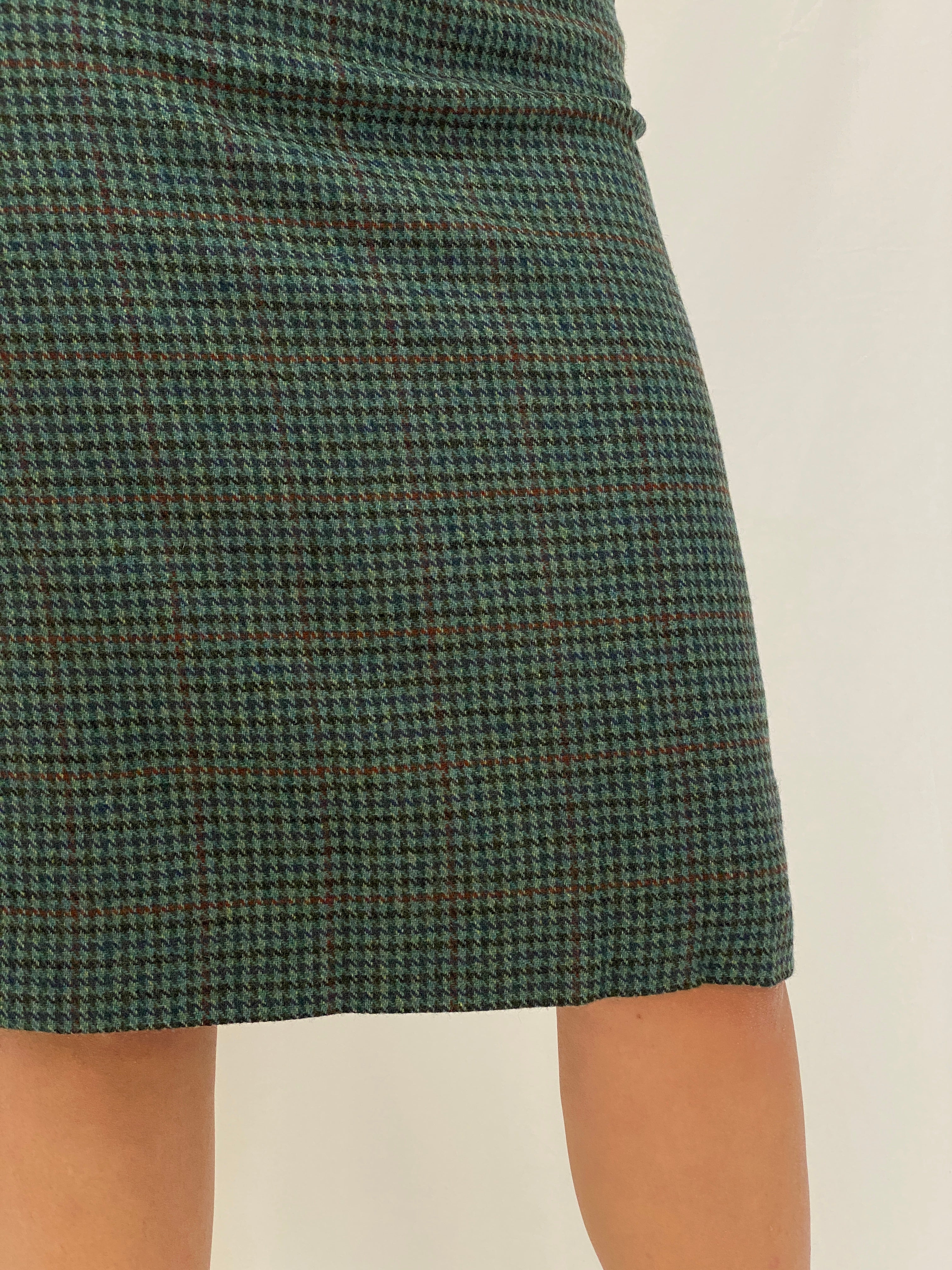 Vintage Handmade Green Plaid Houndstooth Pencil Skirt Classic Knee-Length Skirt - M