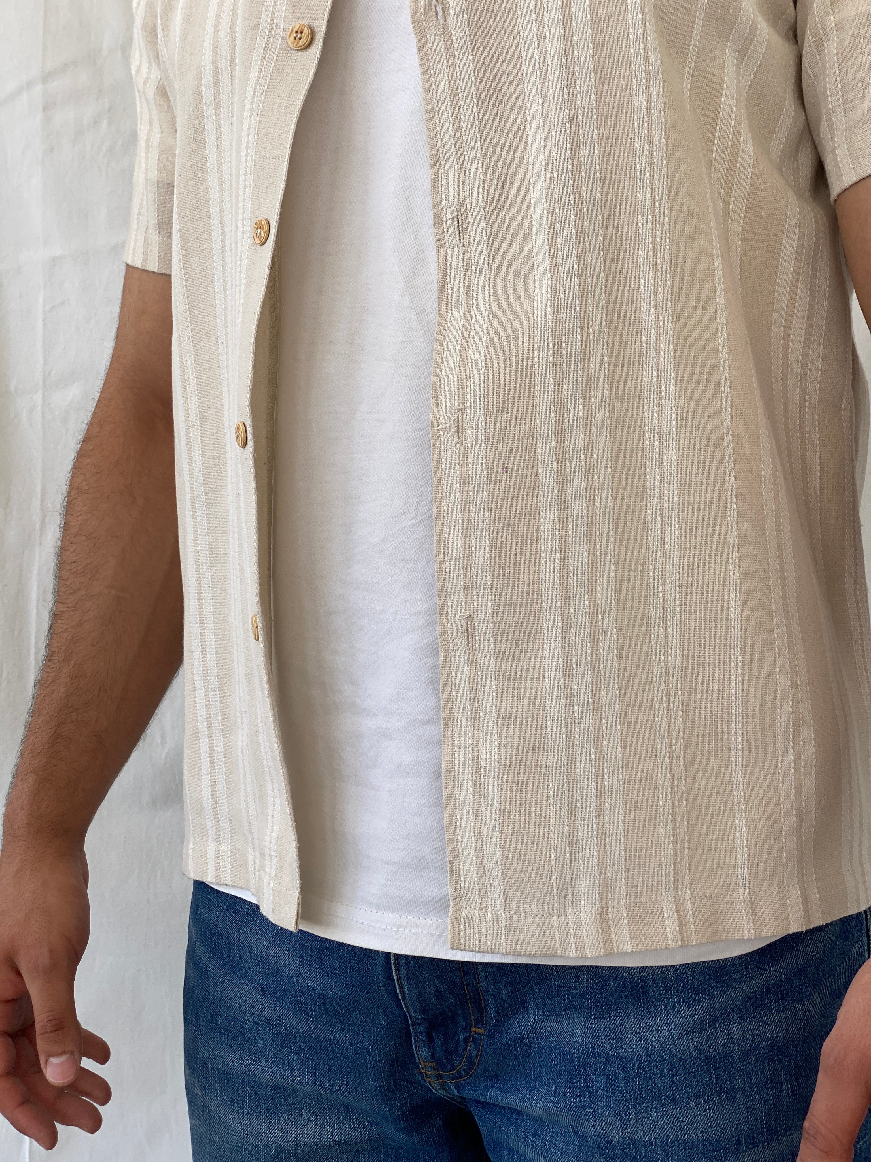 Kana Maru Striped Beige Short Sleeve Button Up Men’s Shirt - M