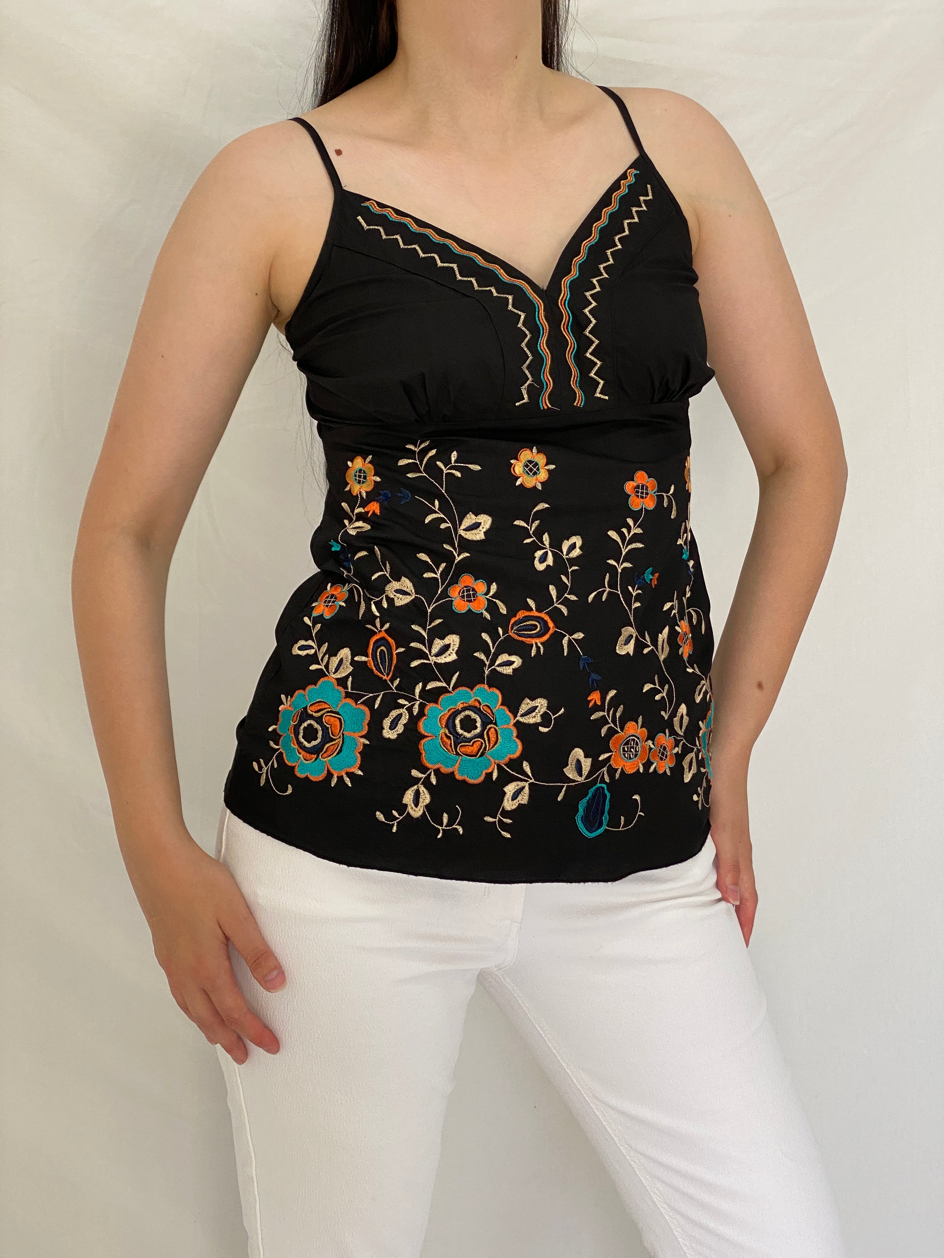 Y2K Black Floral Embroidered Cotton Cami Top – S