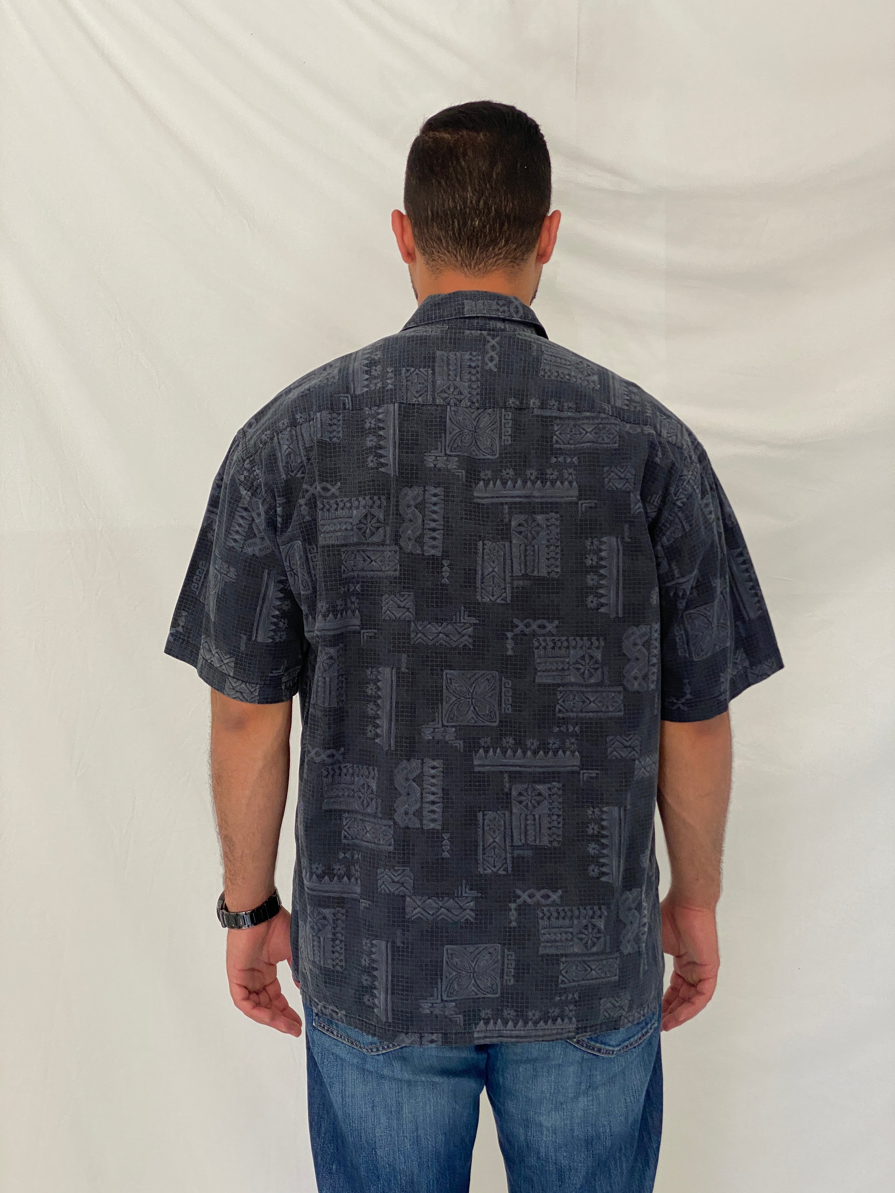 Vintage Batik Bay Navy Tribal Print Cotton Hawaiian Shirt – XL