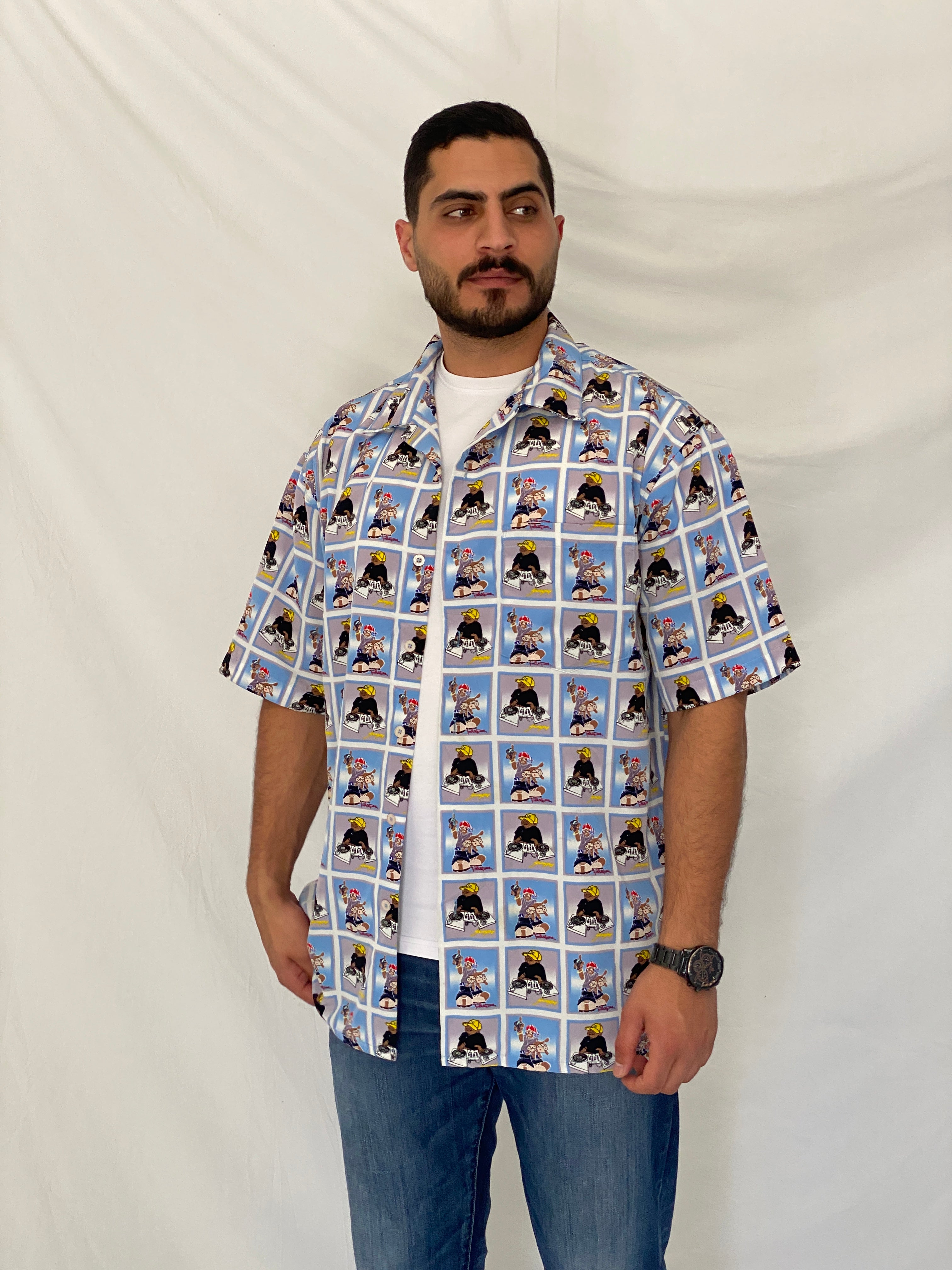 Y2K Blue Boy Hip-Hop Cartoon Light Blue Graphic Shirt – L