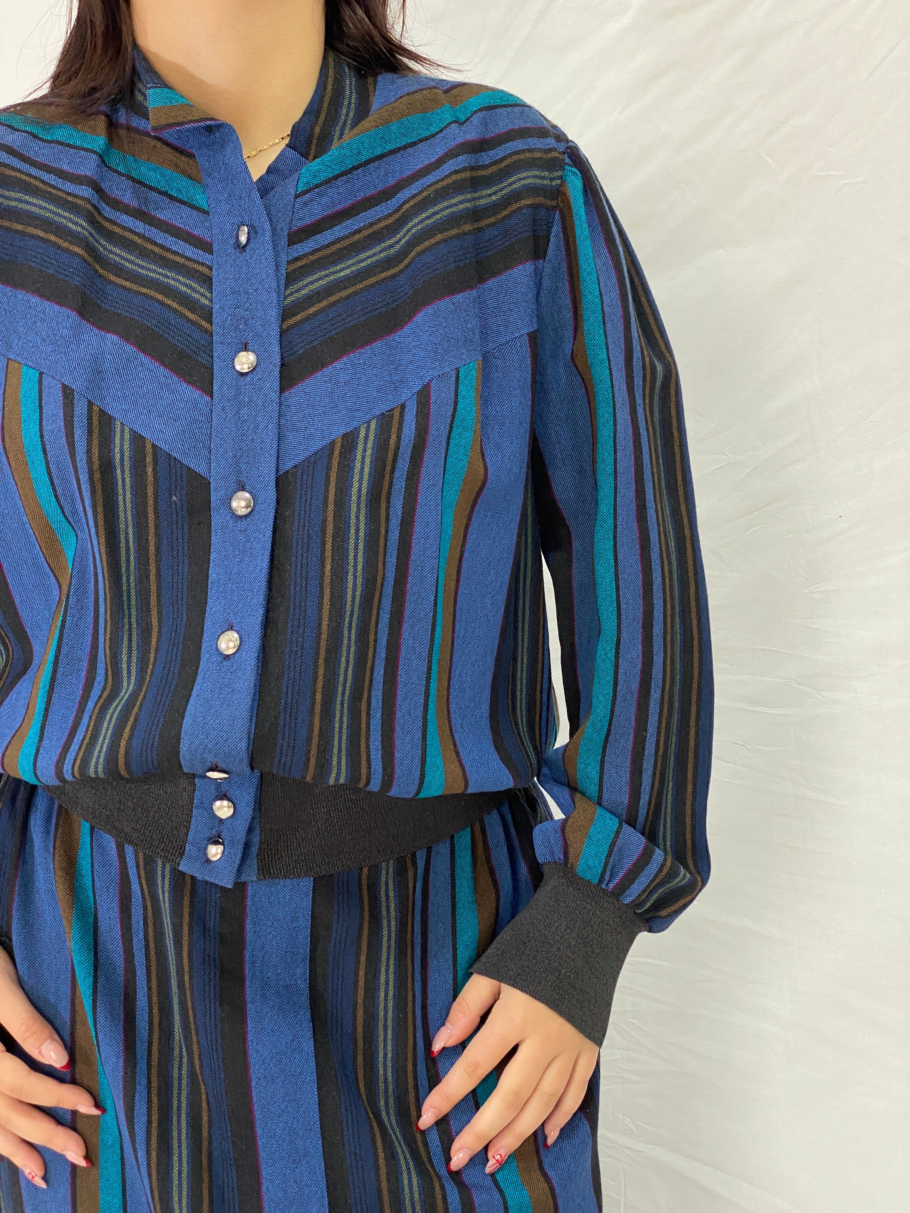 Vintage Pure Wool Sporting Dress Skirt & Jacket Set Blue Striped Two-Piece Set - L