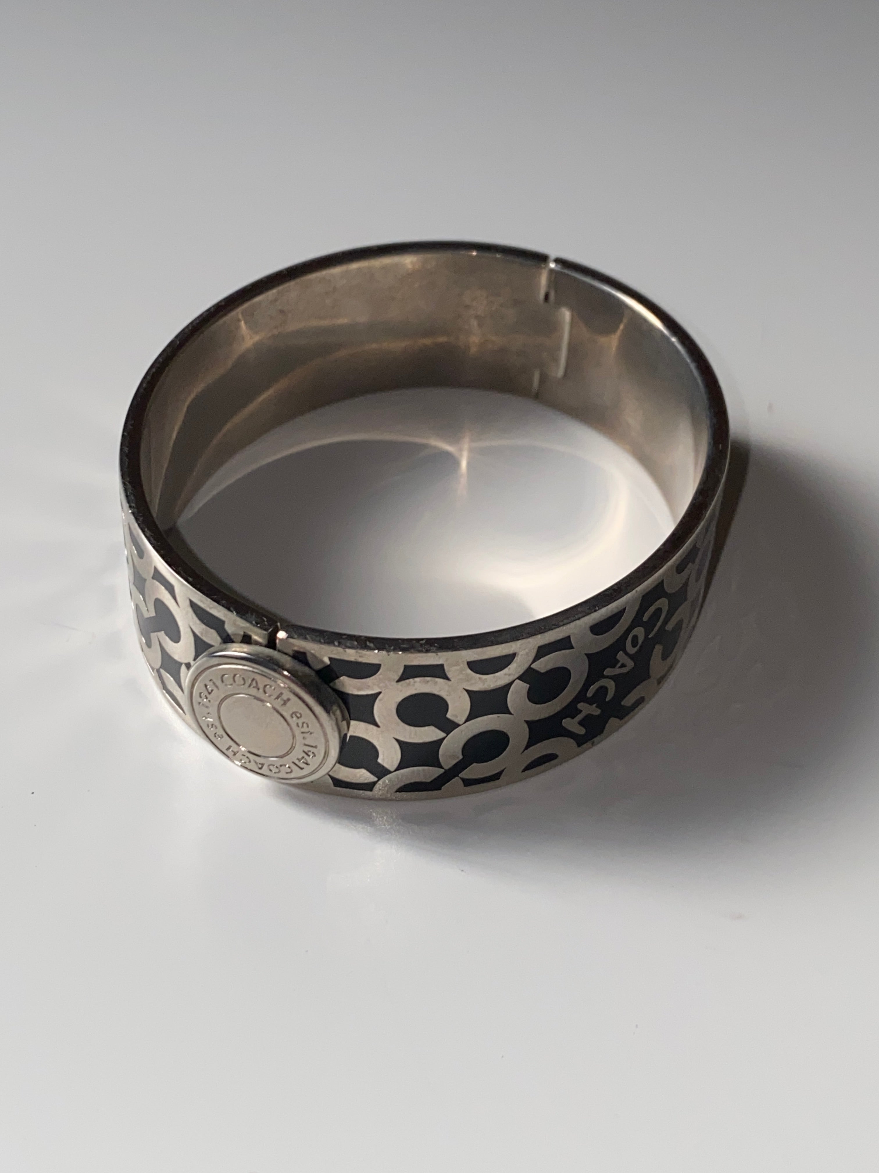 Coach Signature Enamel Logo Bangle Bracelet Silver-Tone Designer Cuff