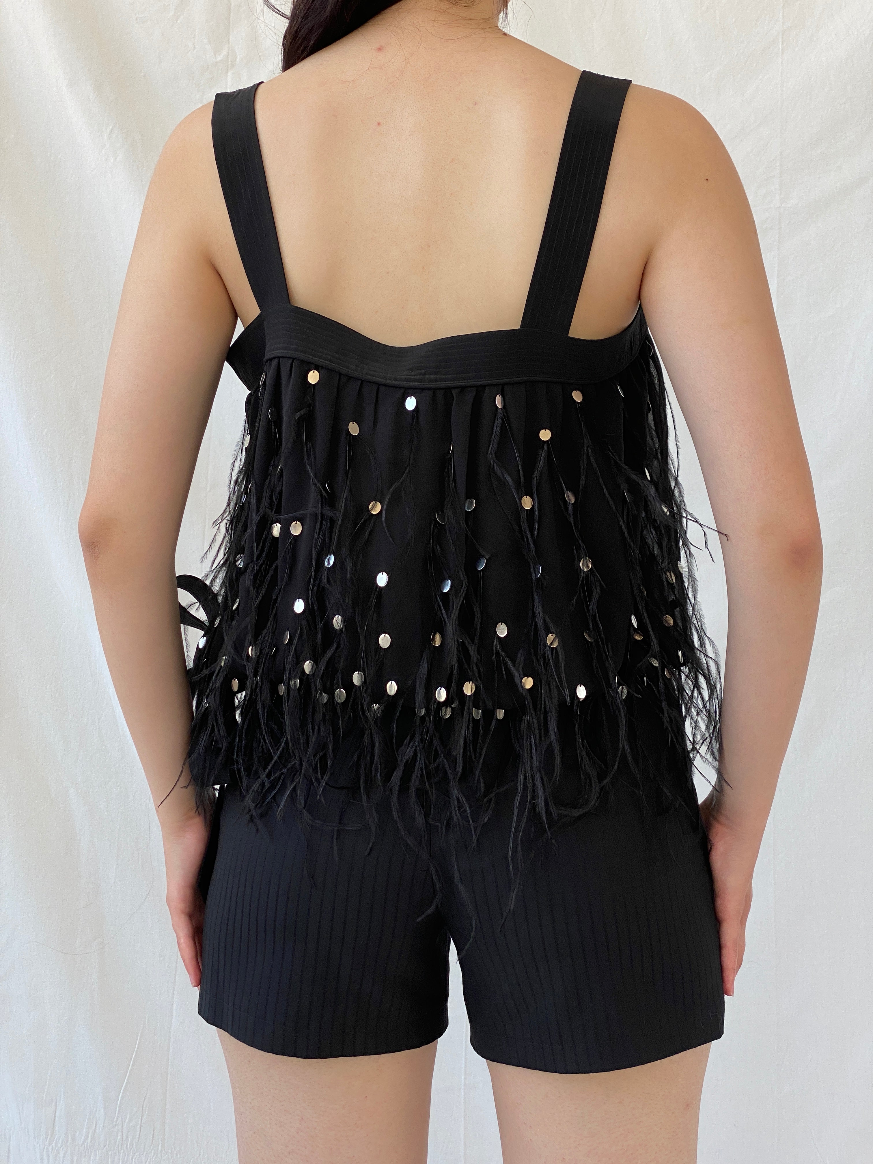 NWT Vintage FÉRAUD Paris Black Silk Feather Sequin Top - M