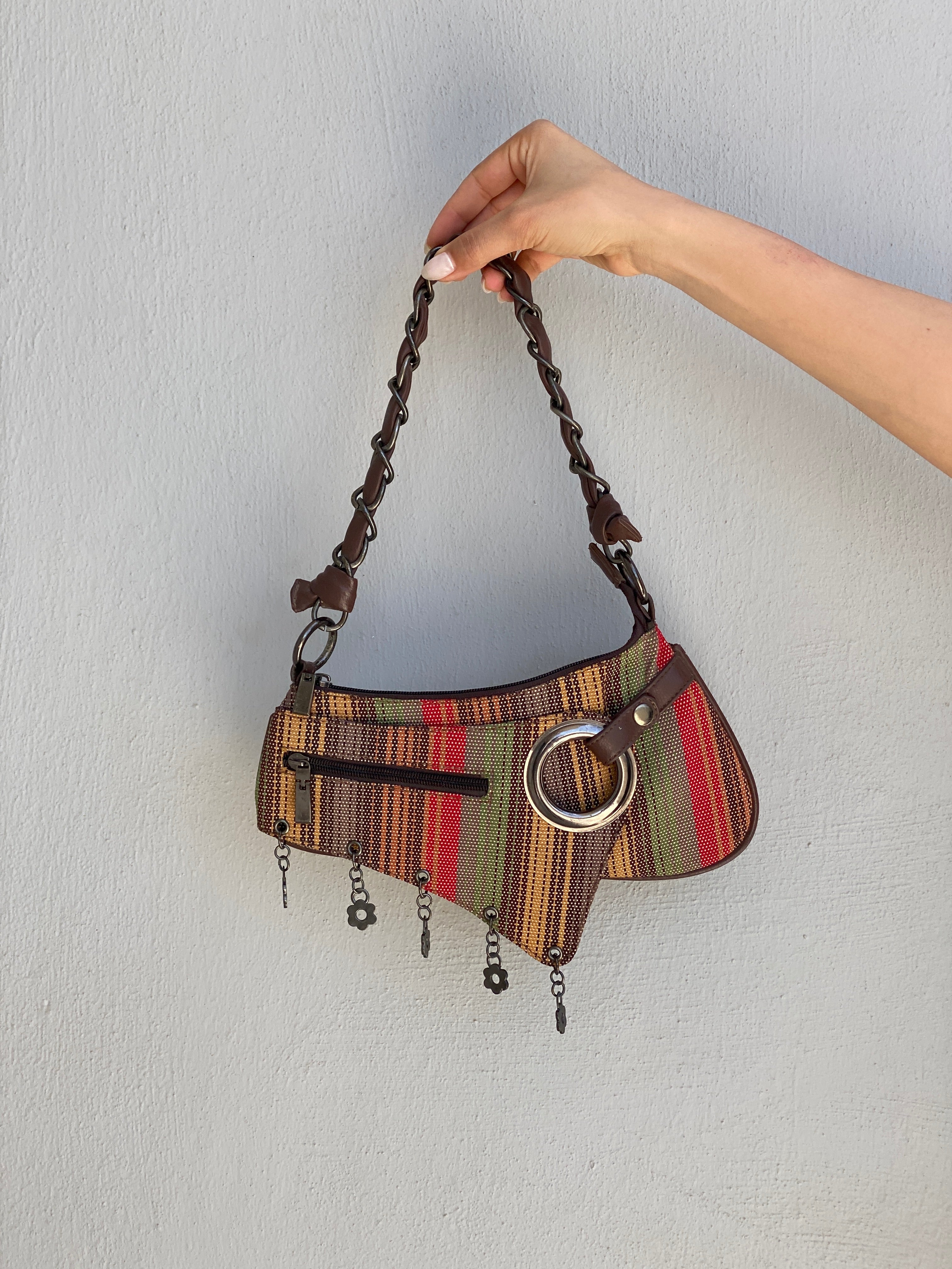 Vintage Y2K Multicolor Striped Mini Braided Chain Strap Shoulder Bag
