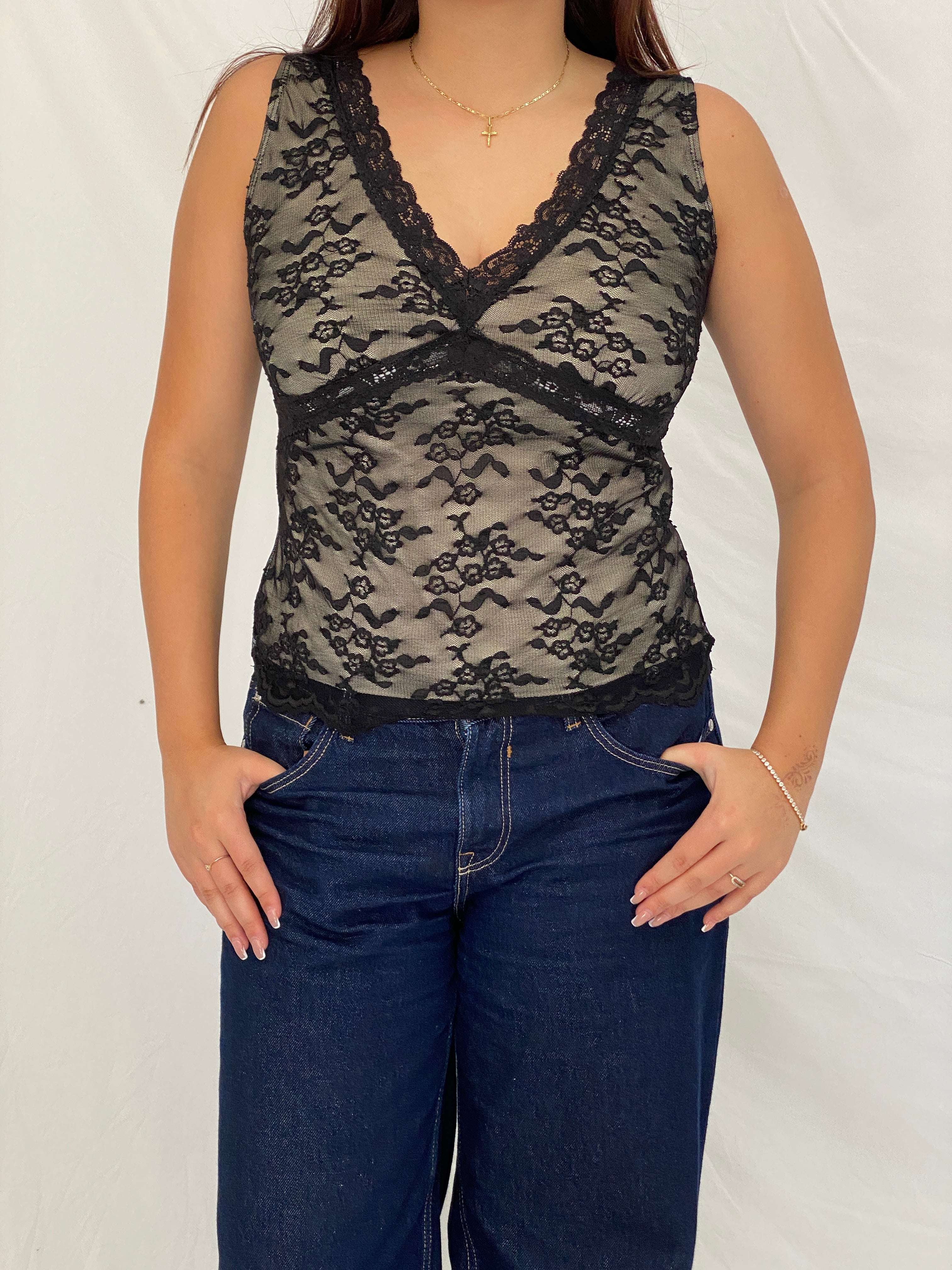 Vintage Y2K Worthington Black Floral Lace Stretch Tank Top – M