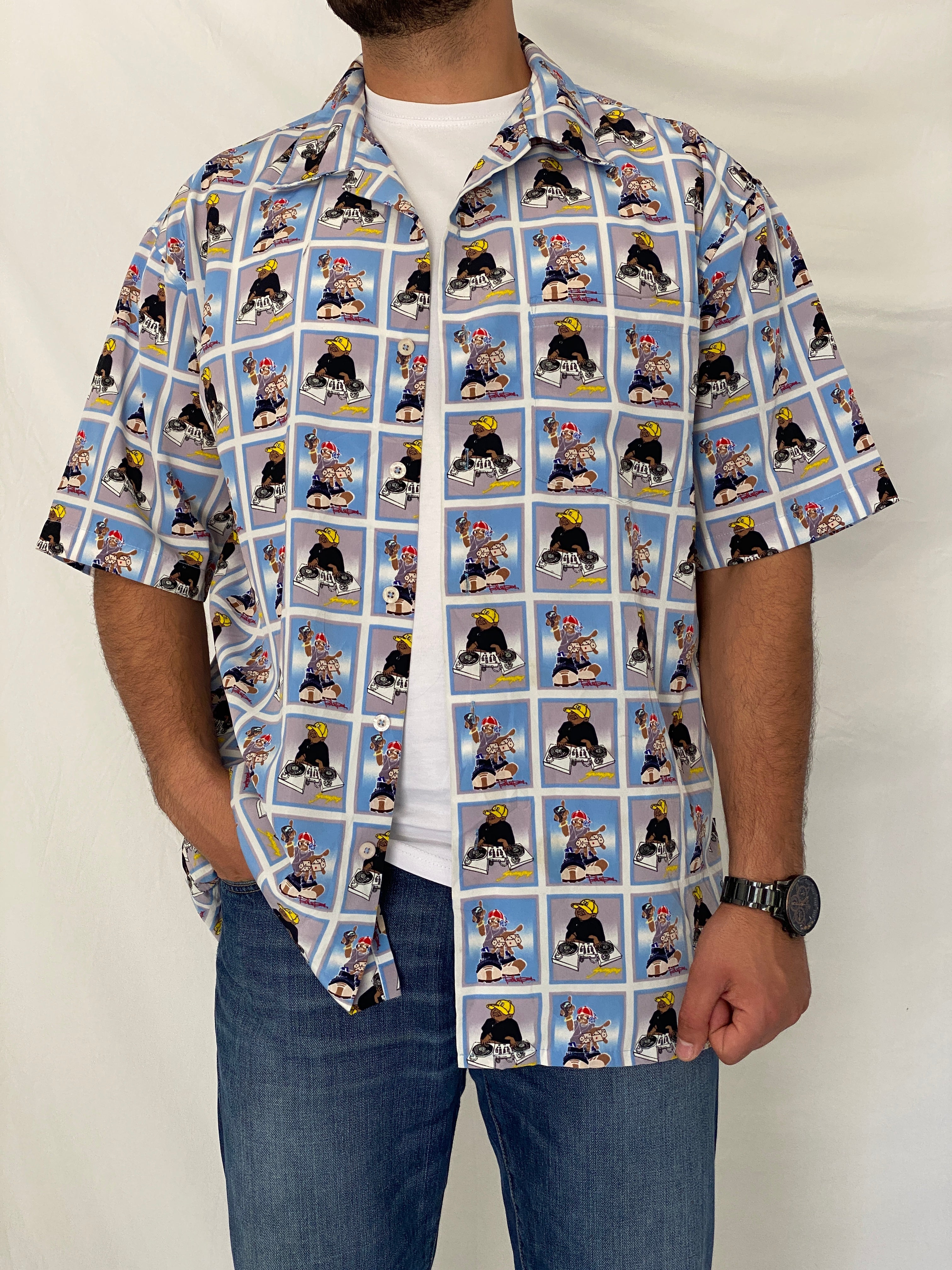 Y2K Blue Boy Hip-Hop Cartoon Light Blue Graphic Shirt – L