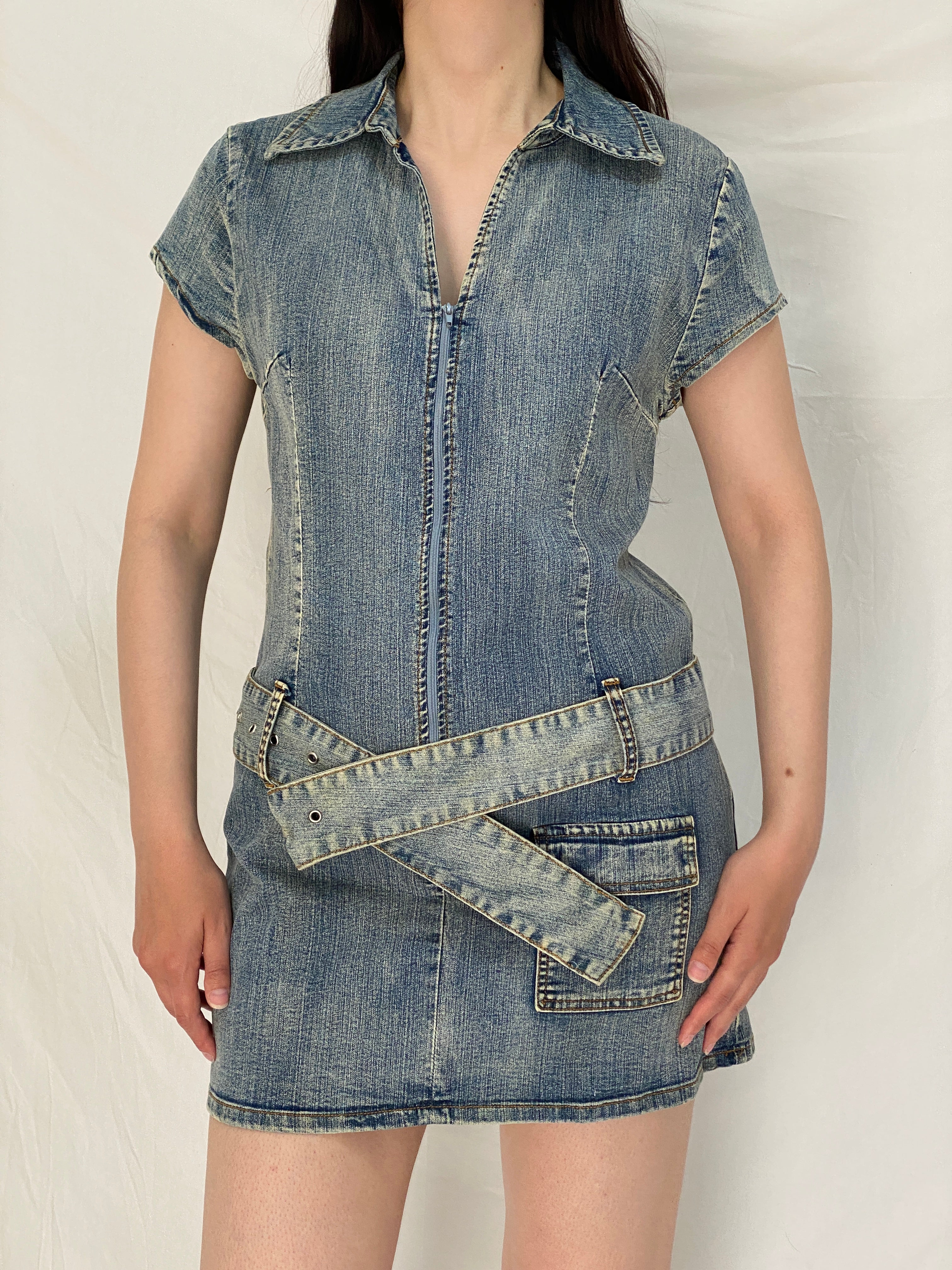 Vintage Y2K X-Mail Belted Zip Front Short Sleeve Denim Dress – M