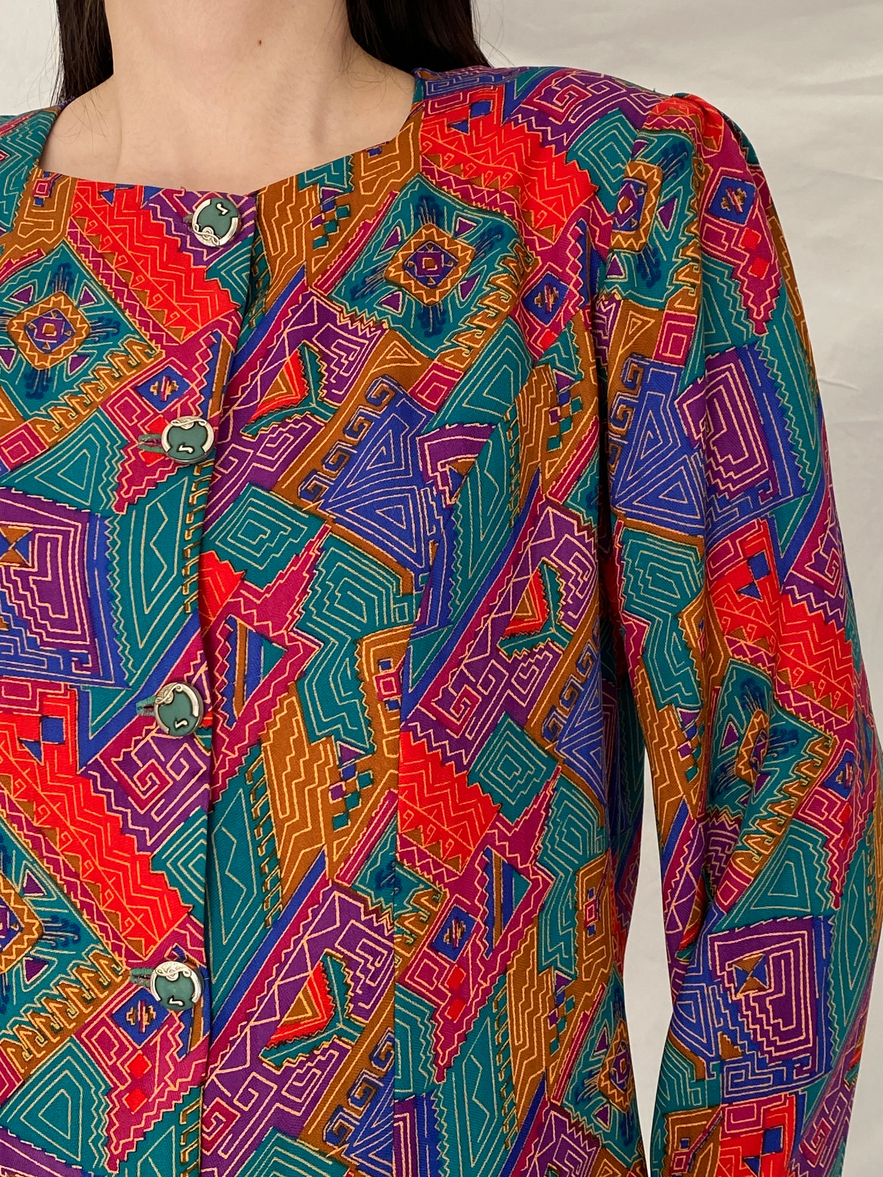 Vintage 90s Handmade Tribal Pop Statement Blazer Multicolor Geometric Art Jacket – L