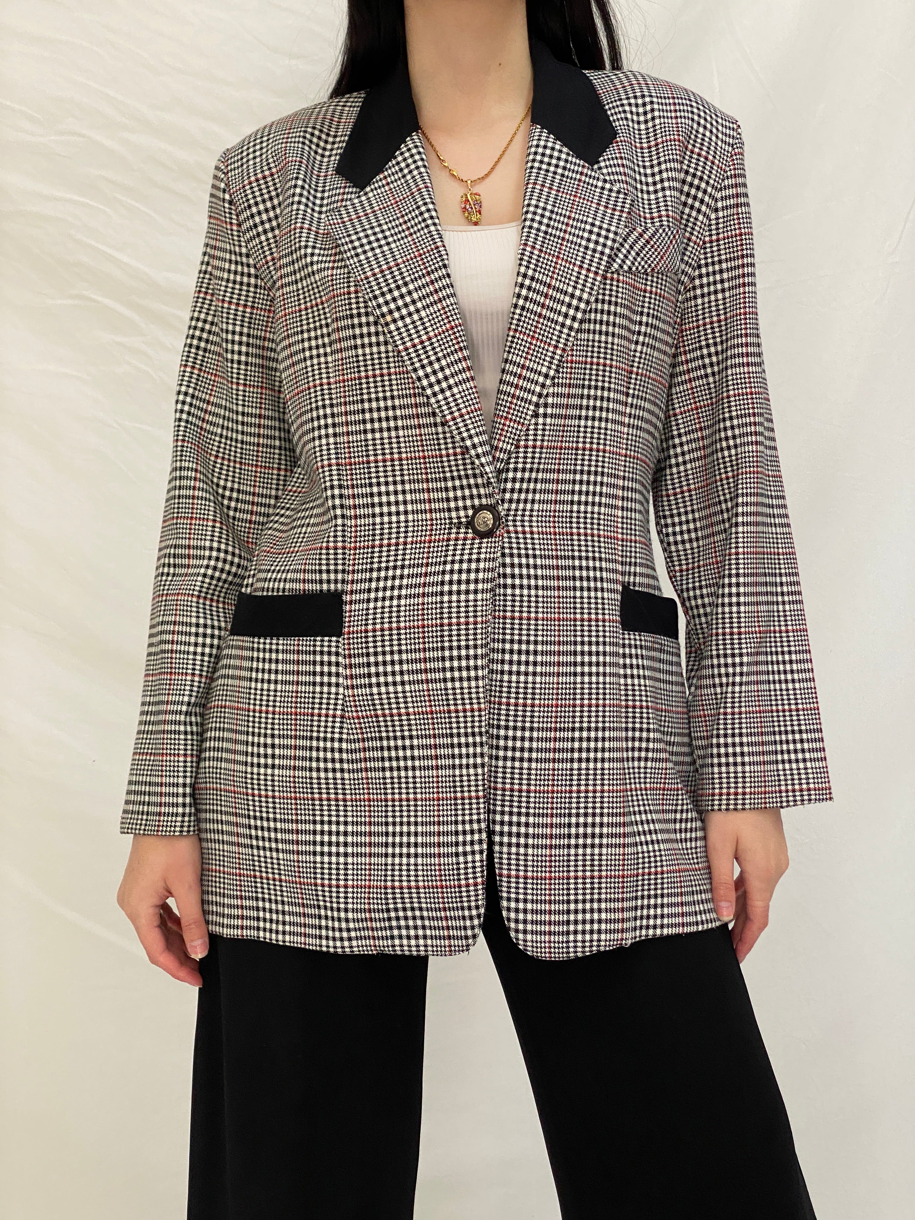 Vintage Always USA Plaid Blazer Black & White Check Structured Jacket - L