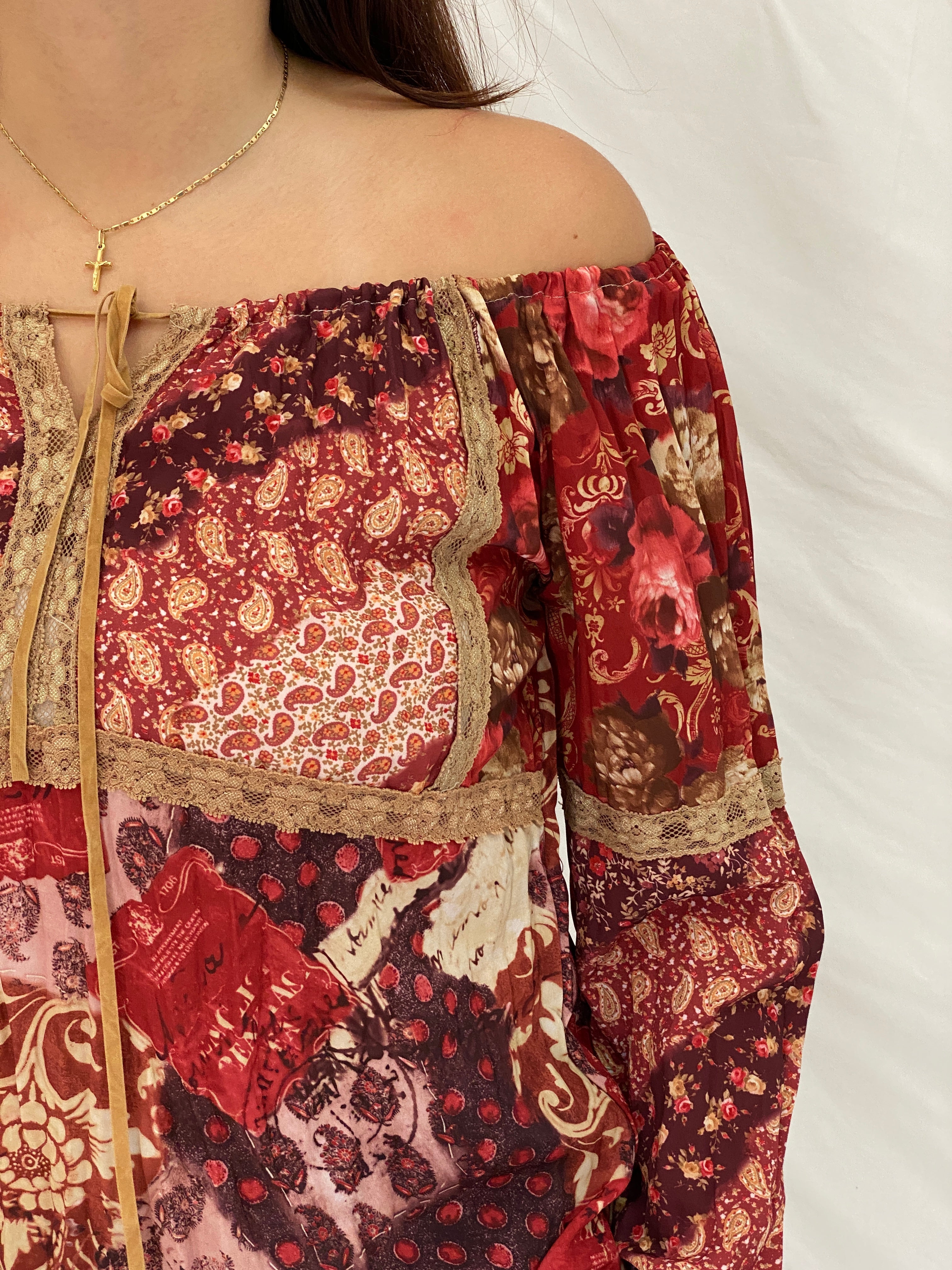Vintage Y2K Fresh Wear Burgundy Patchwork Cottagecore Peasant Blouse - M
