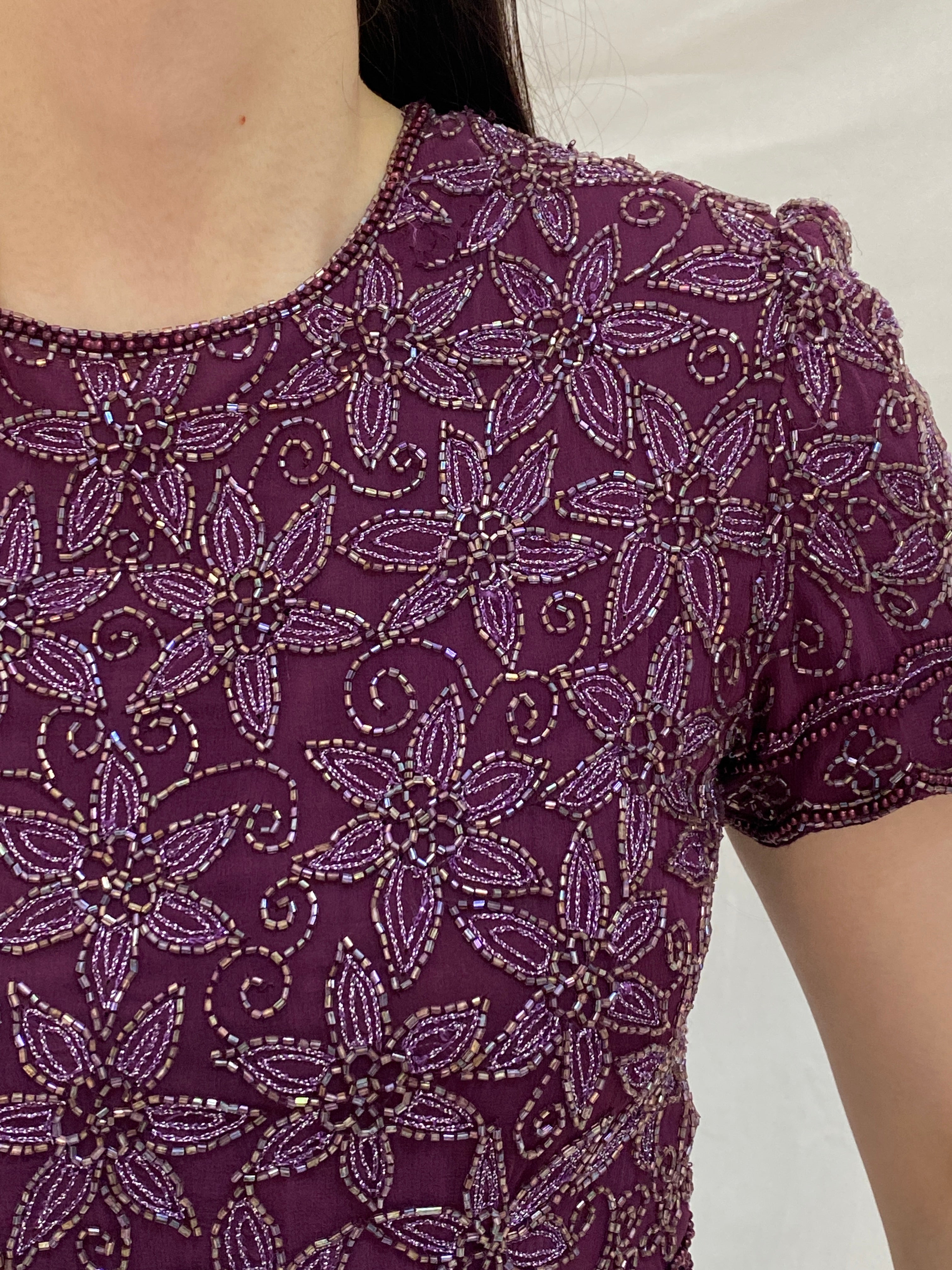 Vintage Adrianna Papell Beaded Silk Top Purple Floral Sequin Mesh Y2K Evening Party Top - S
