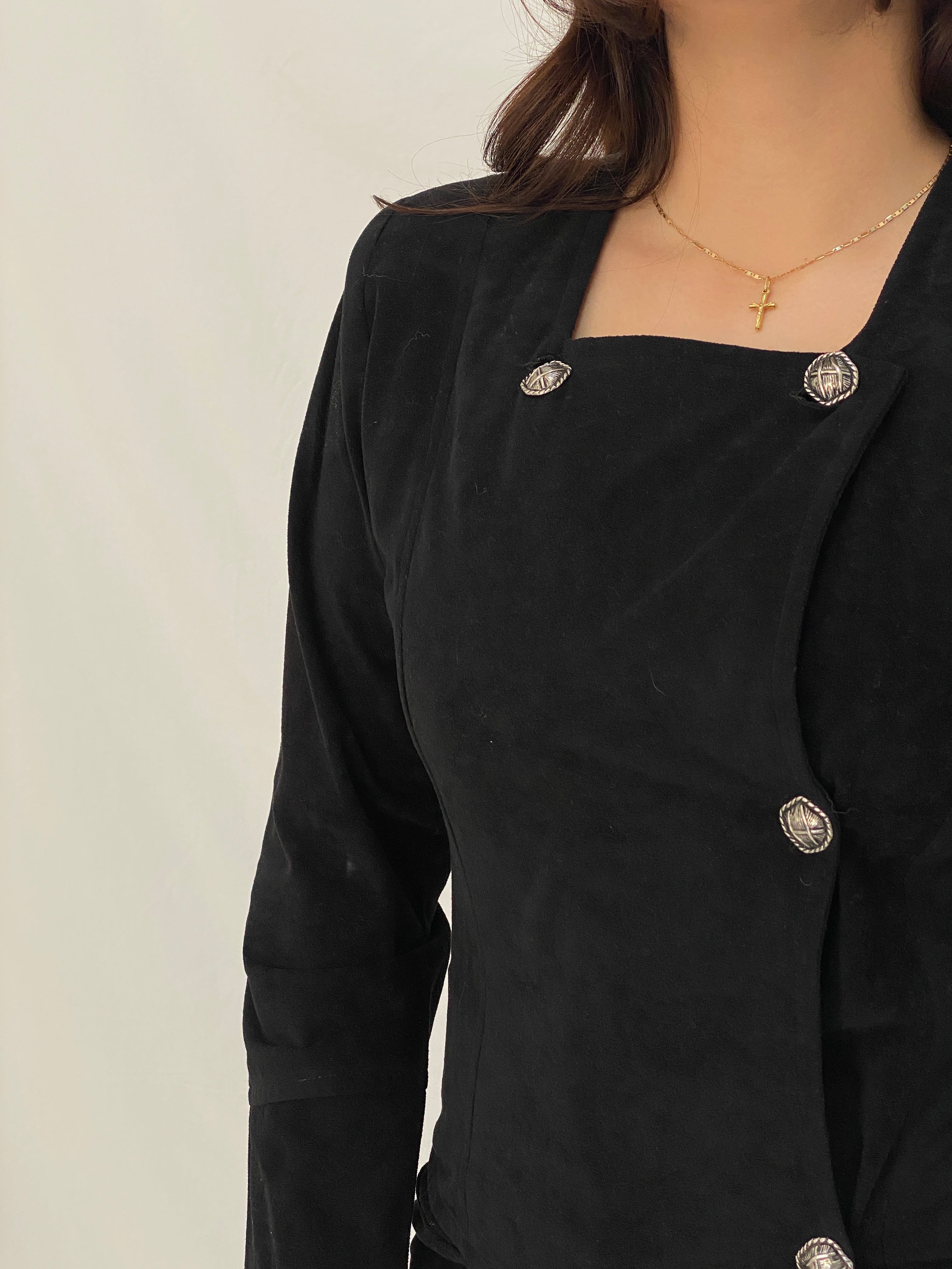 Vintage Black Suede-Look Fitted Blazer Mini Dress Asymmetrical Button Detail Long Sleeve Office Dress - S