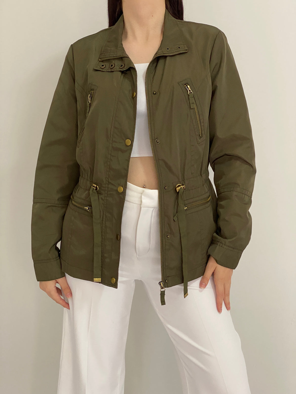 Vintage Y2K Ellos Olive Green Utility Jacket with Drawstring Waist - L