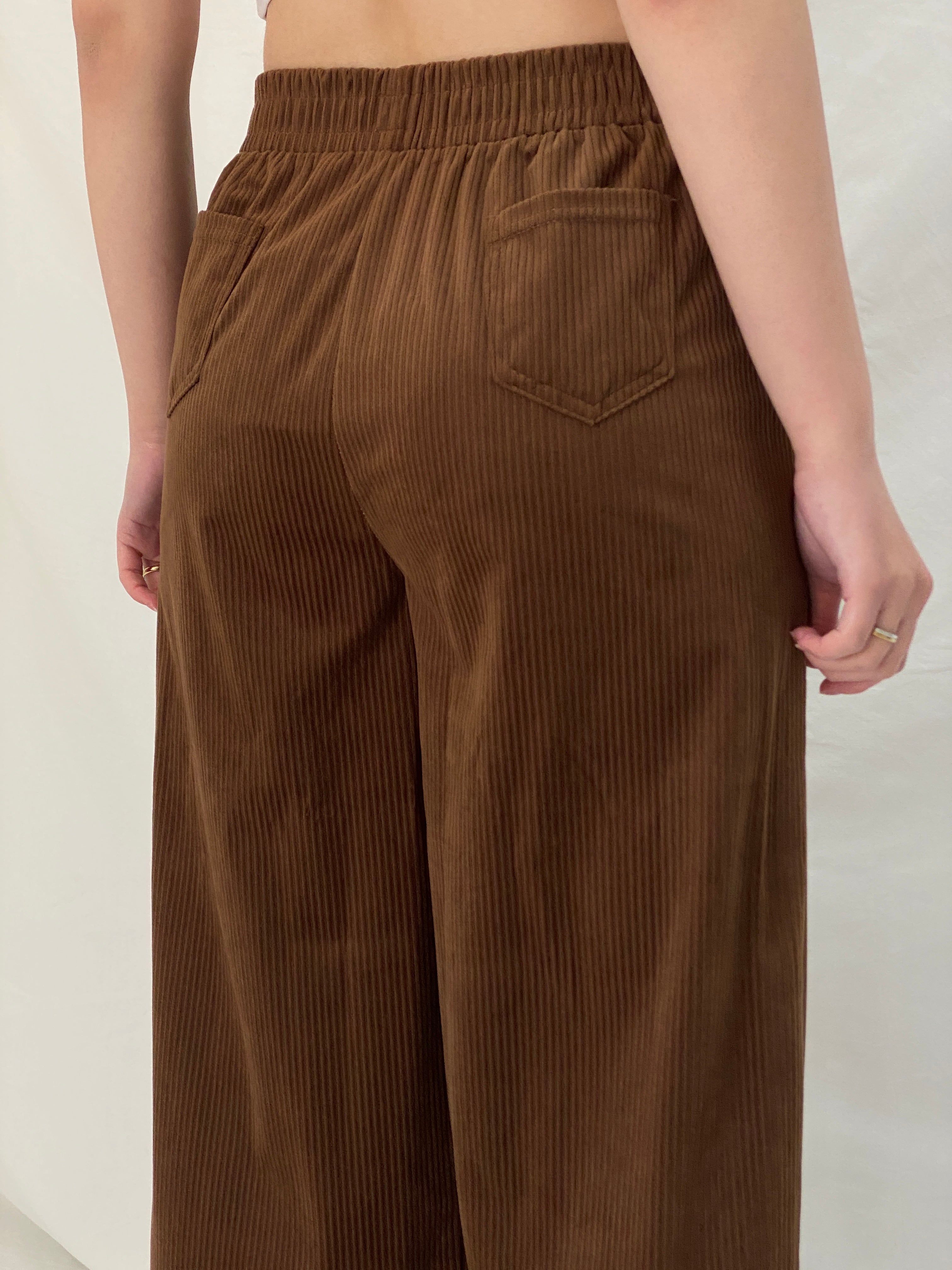 Handmade Brown Corduroy Pants Elastic Waist Trousers - M