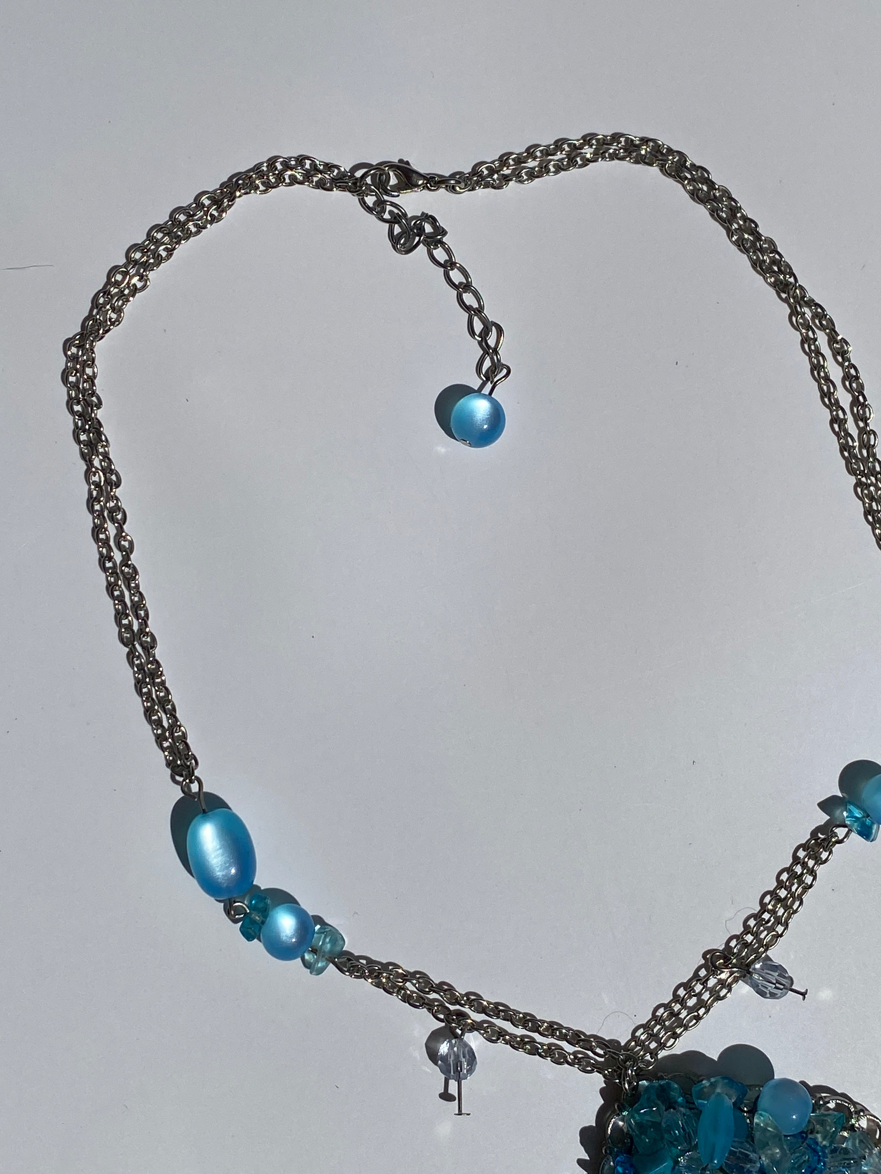Vintage Y2K Blue Beaded Silver Tone Fringe Pendant Necklace