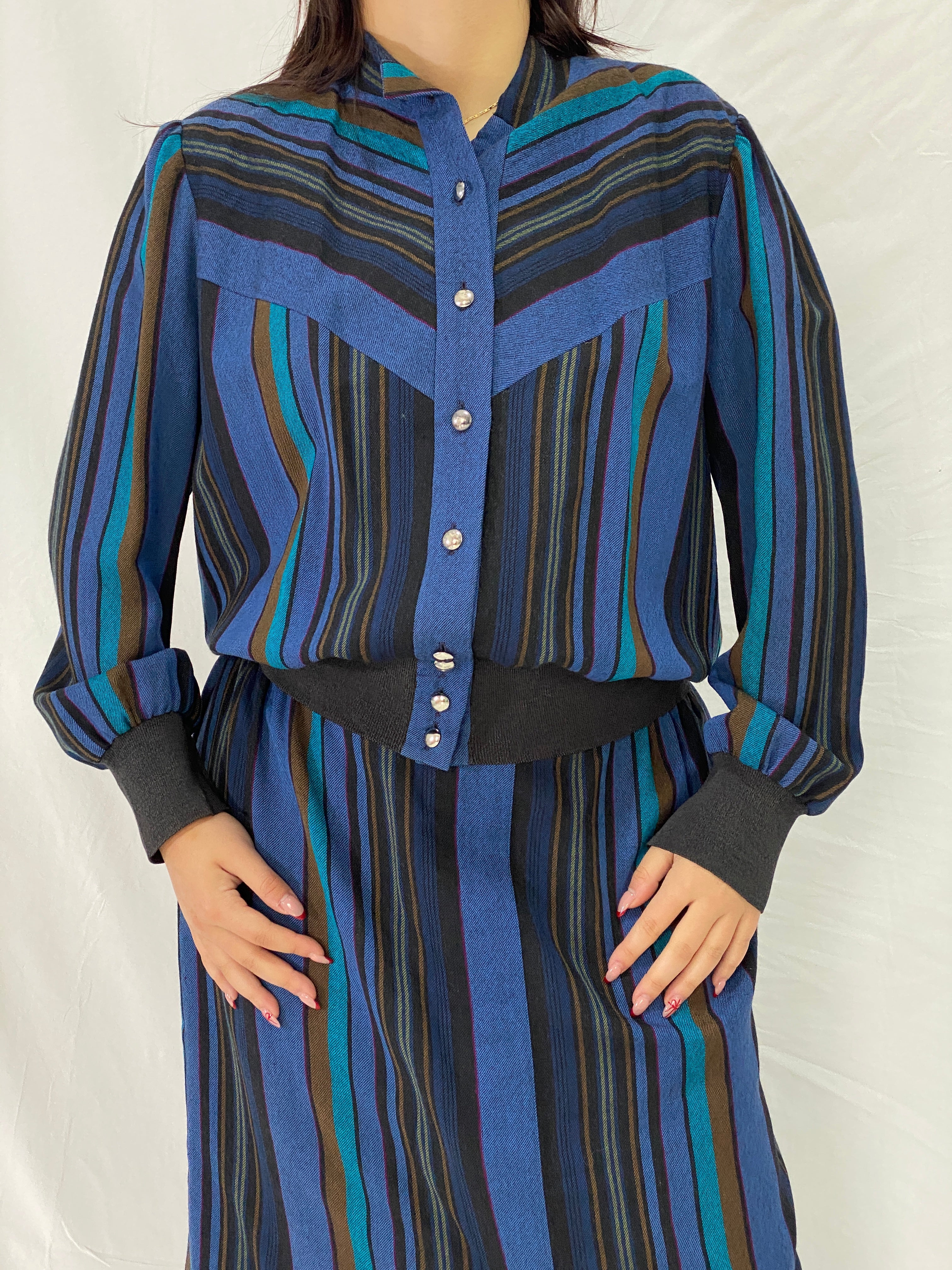 Vintage Pure Wool Sporting Dress Skirt & Jacket Set Blue Striped Two-Piece Set - L