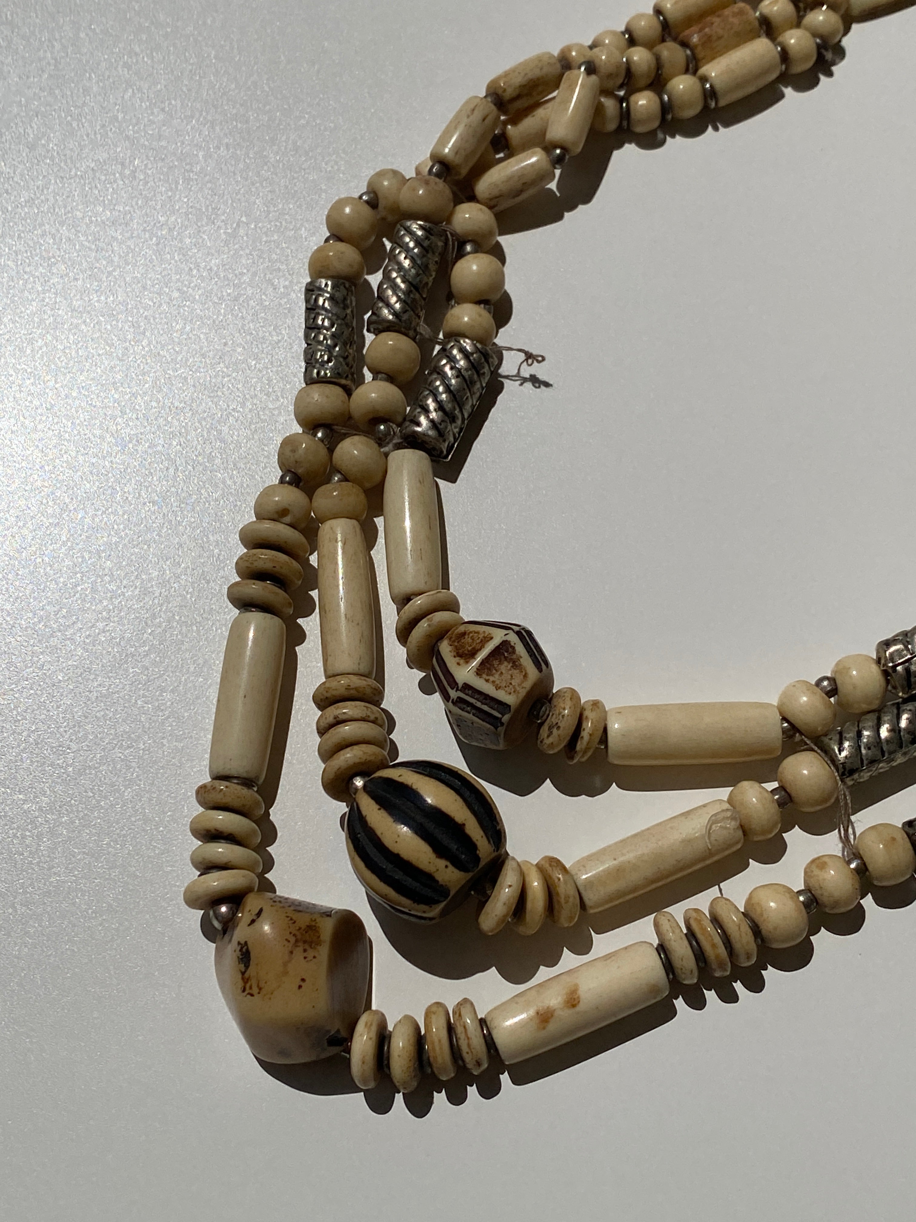 Vintage Tribal Bone & Black Stripe Bead Multi-Strand Artisan Necklace