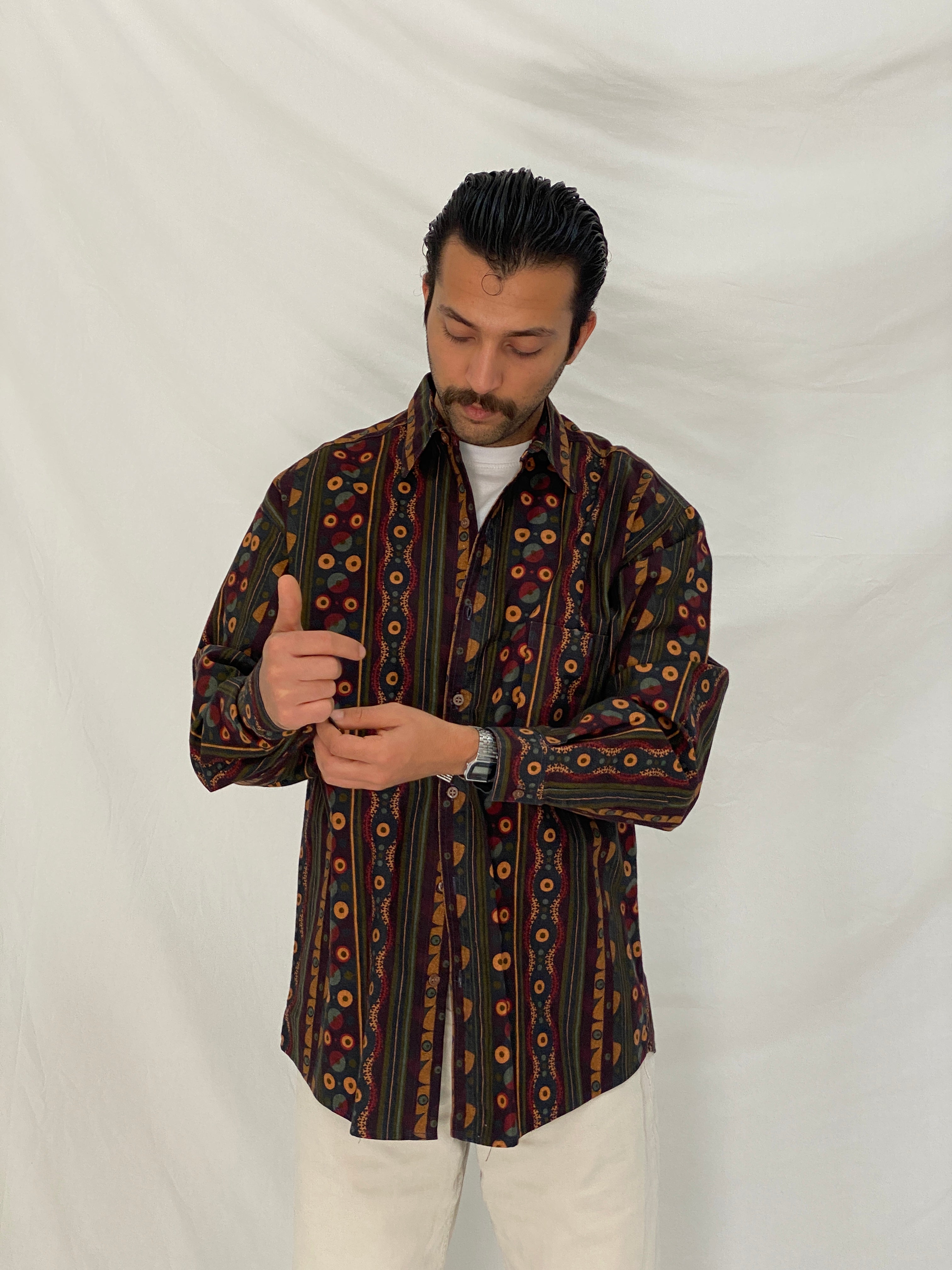 Vintage 90s Mekay Geometric Tribal Stripe Button Up Shirt Abstract Long Sleeve Oversized Fit - L