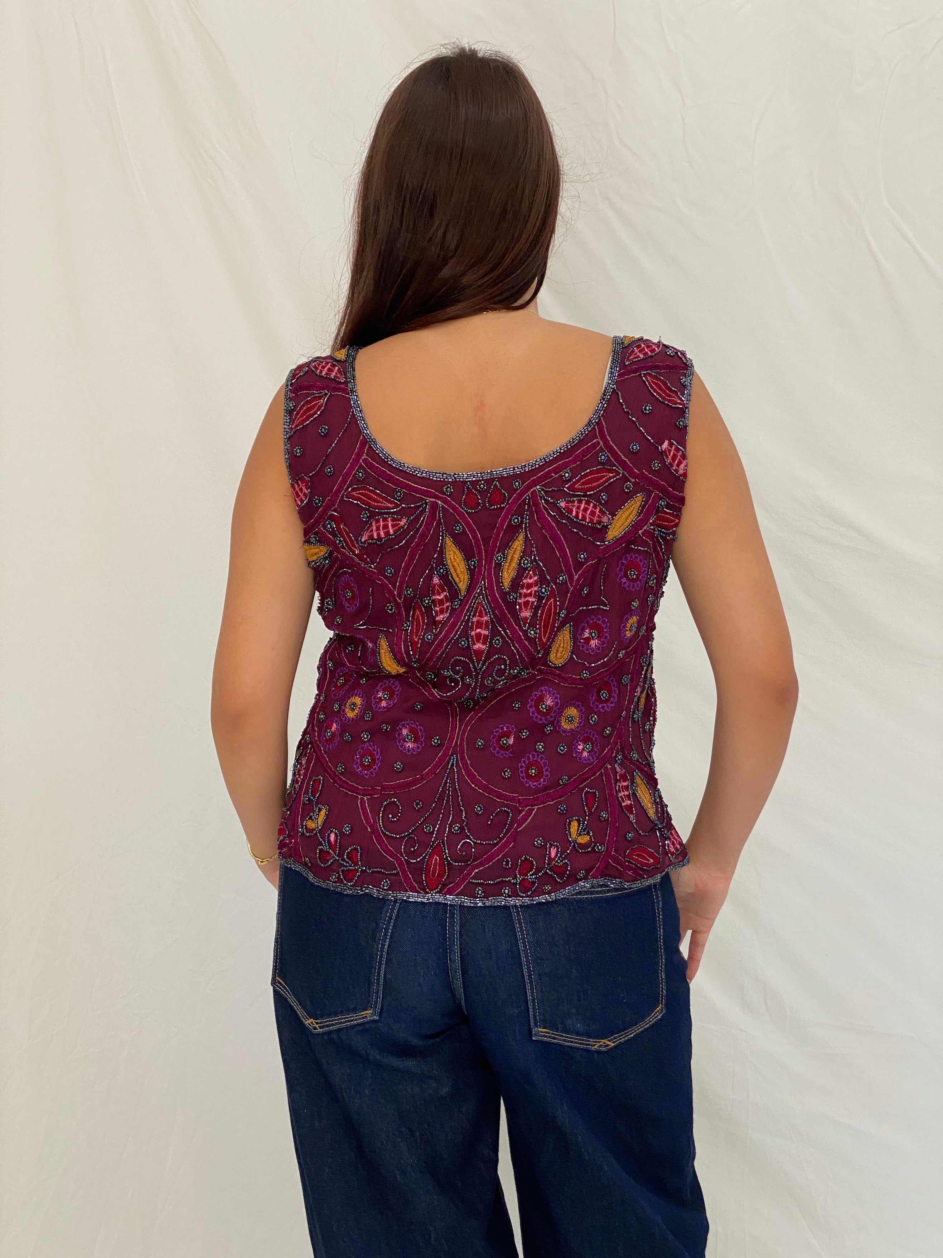 Vintage Beaded Embroidered Burgundy Handmade Evening Top - L