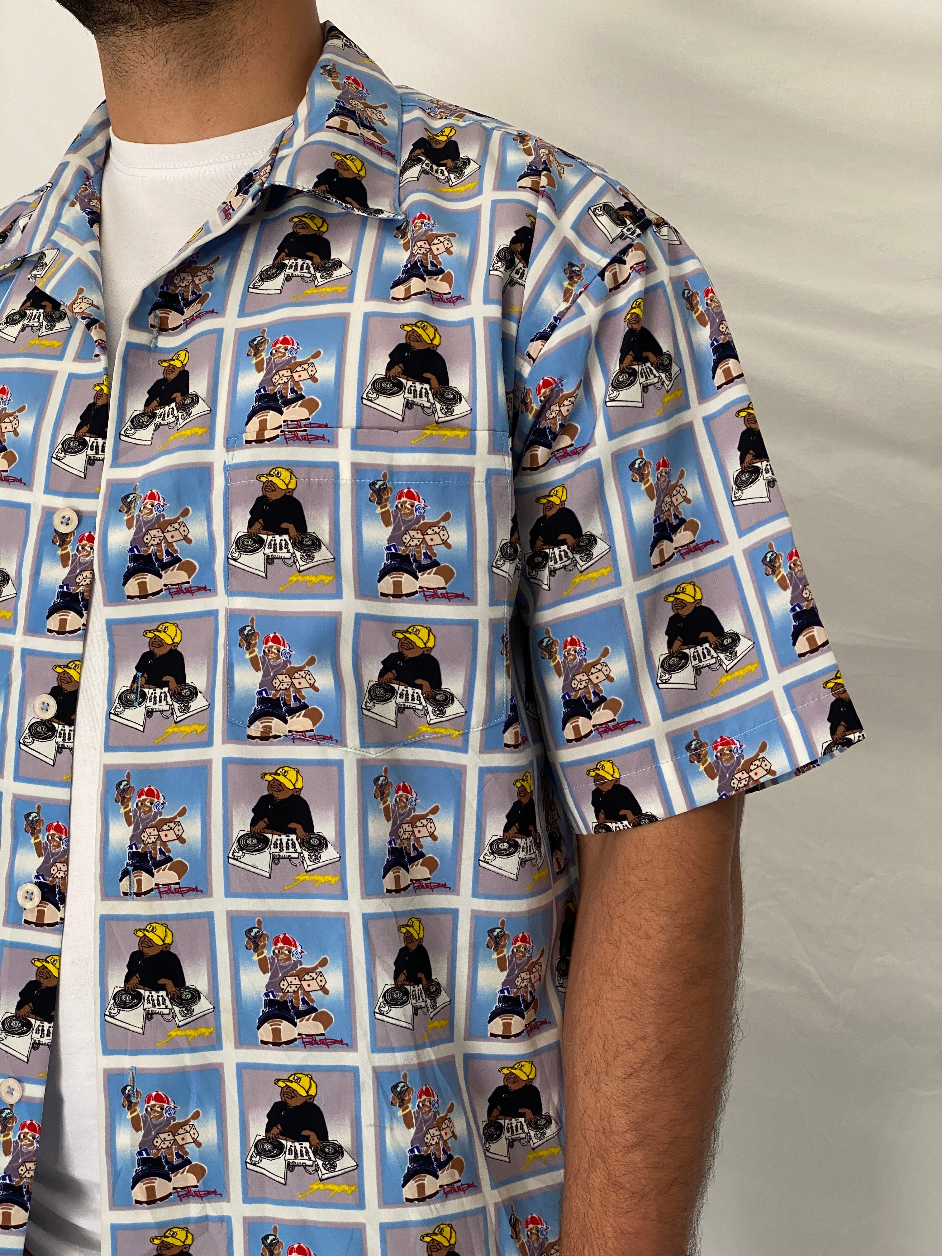 Y2K Blue Boy Hip-Hop Cartoon Light Blue Graphic Shirt – L
