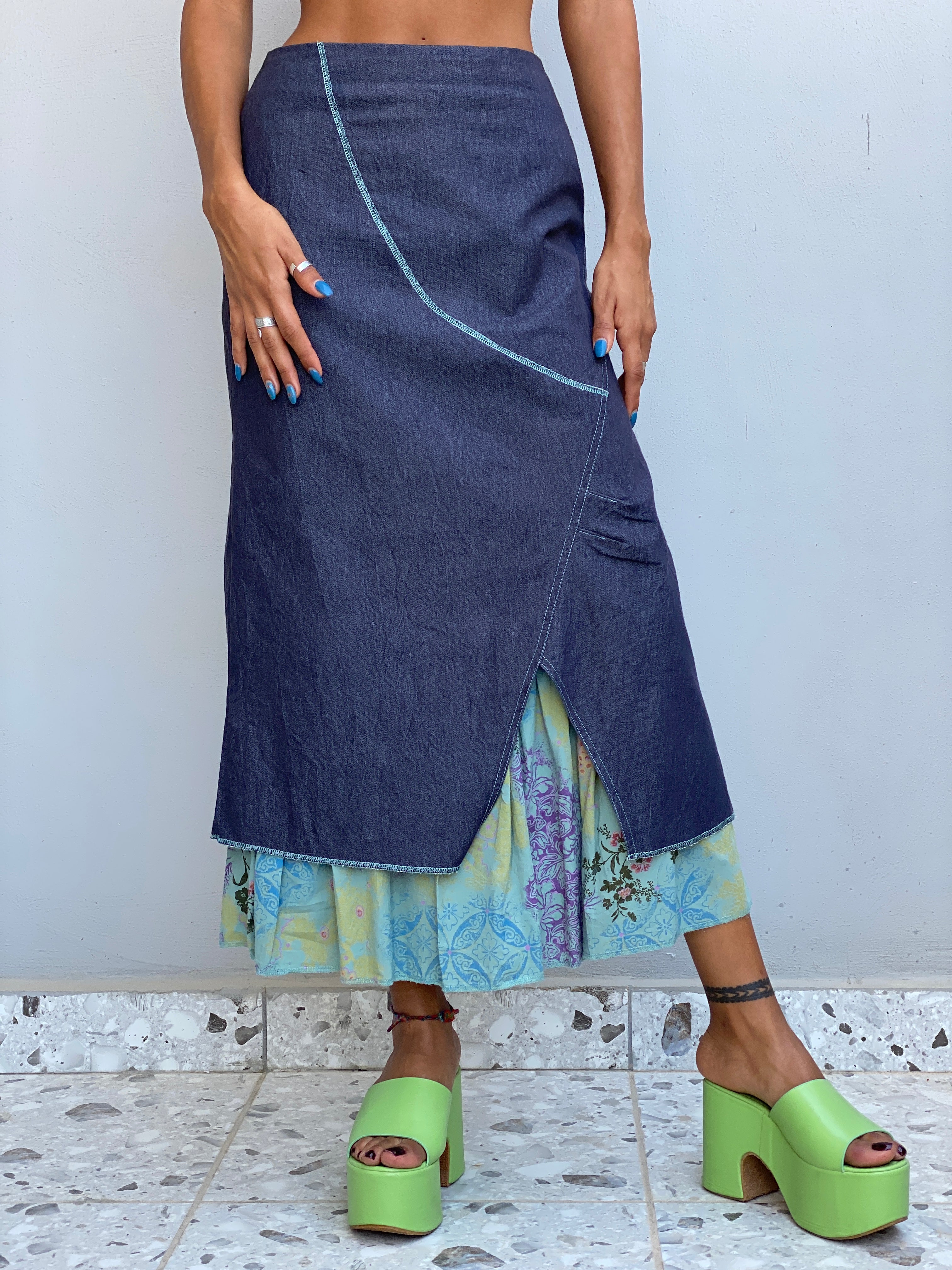 Vintage Y2K Renato Bene Paris Chambray Overlay Floral Midi Skirt Asymmetrical Layered Boho Skirt - S